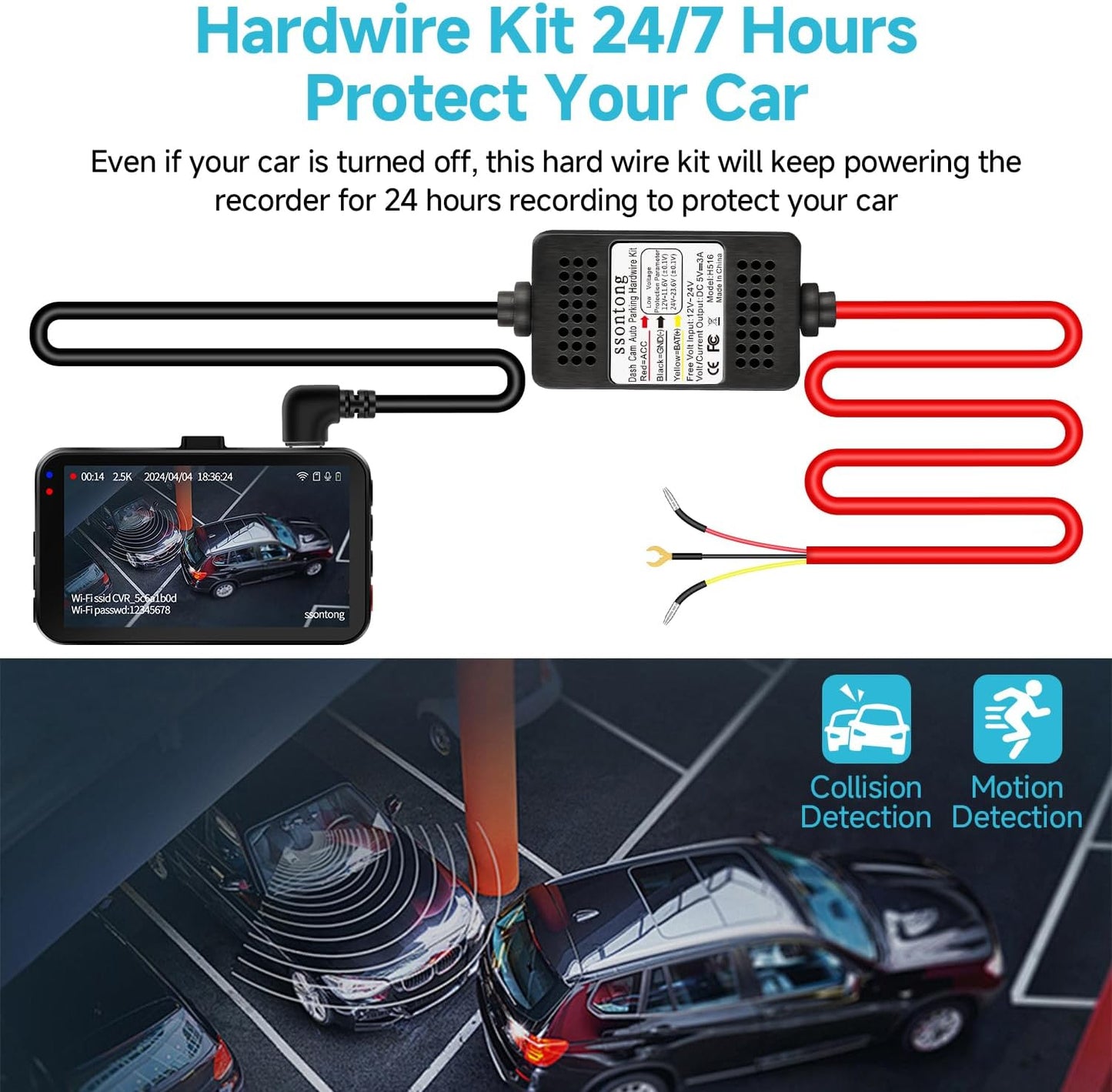 ssontong 3-Lead 12V-24V 5V 13ft Dash Cam Hardwire Kit, Acc Hardwire Kit for Dash Camera Type C Hard Wire Kit to USB-C