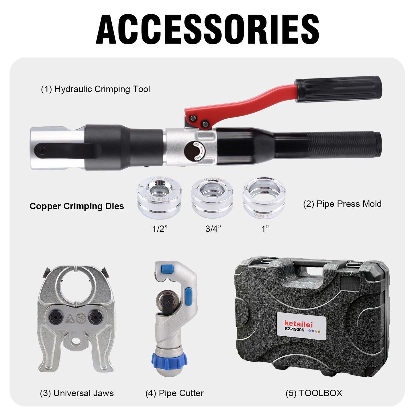 ketailei Hydraulic Pipe Crimping Tool | 65MPa Auto Pressure Relief | 1/2", 3/4", 1" Jaw for Copper Tube Fittings | Press Crimper Pliers with Pipe Cutter （KZ-1930S）
