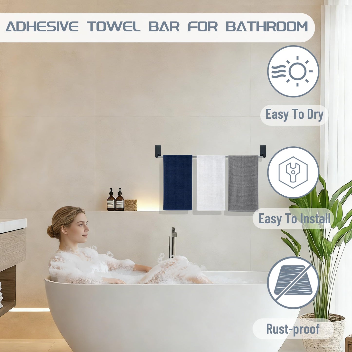 Alise Adhesive Towel Bar, 28 Inch Towel Racks for Bathroom SUS 304 Stainless Steel,Long Bathroom Towel Holder No Drill, Strong Self Adhesive Towel Bar, Matte Black