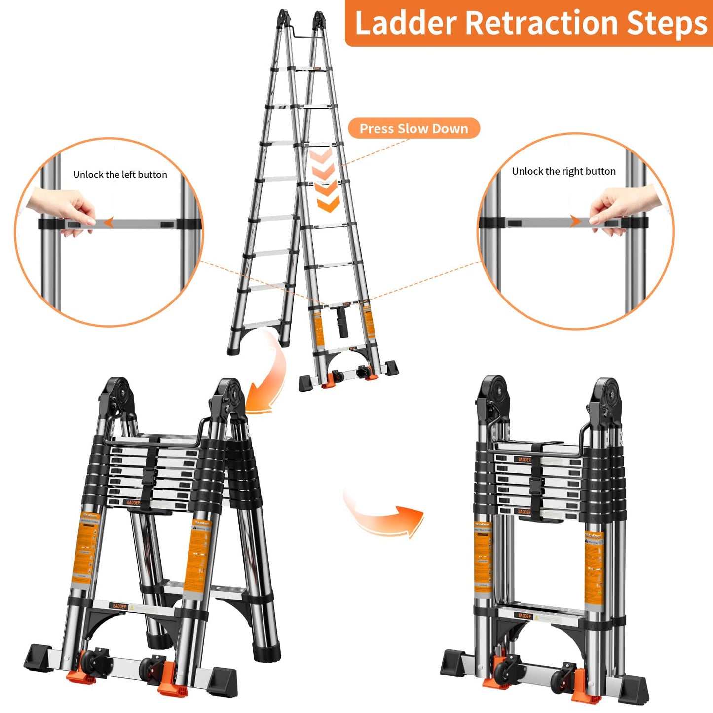 Telescoping Ladder A Frame,Telescopic Ladder for Home, Roof, RV，12.5 Ft Stainless Steel Extension Ladder with Balance Bar,Wheels and 2 Triangle Stabilizers，330 lb Capacity (12.5FT-A Frame)
