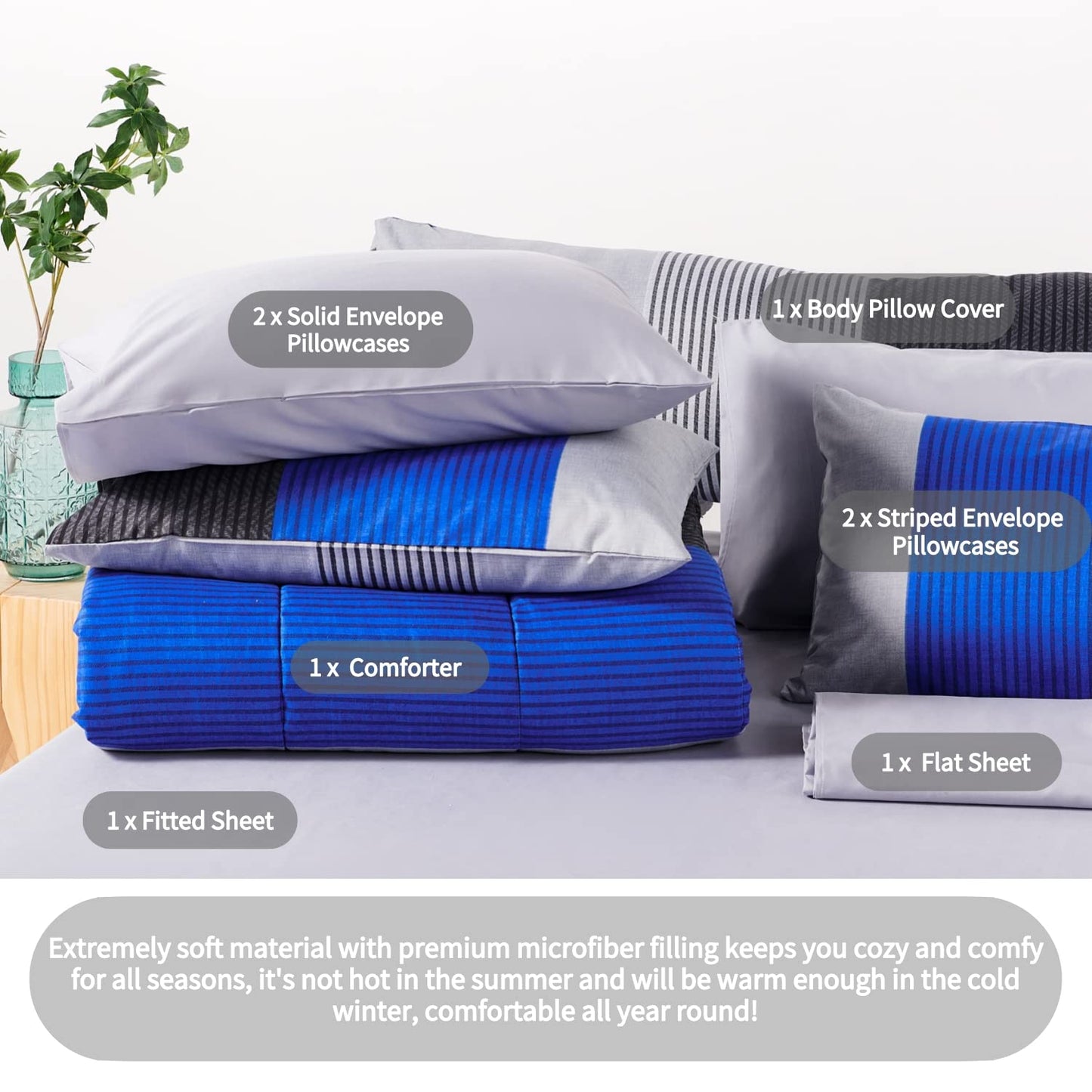 RYNGHIPY 8Pcs Blue and Grey Stripe Comforter Set Full Size, Ultra Soft Microfiber Filling Patchwork Comforter Duvet, Bed Sheets and Pillowcases (Full,Blue Grey)