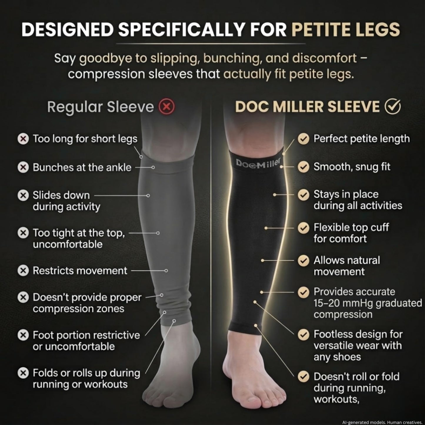 Doc Miller Calf Compression Sleeve for Petite Women & Men, 15-20 mmHg, Footless Leg Sleeve Brace for Varicose Veins, Pregnancy, Running & Cycling, Knee-High, Shin Splints, Recovery, 1 Pair