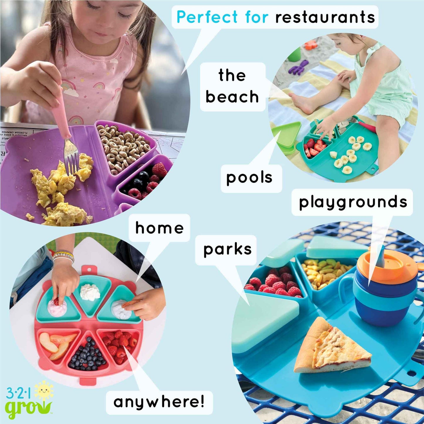 321 Grow Silicone On-The-Go Snack Mat – Foldable Reusable Placemat with 3 Compartments and Lids – Travel-Friendly Baby and Toddler Snack Plate – Dishwasher Safe (Aqua)