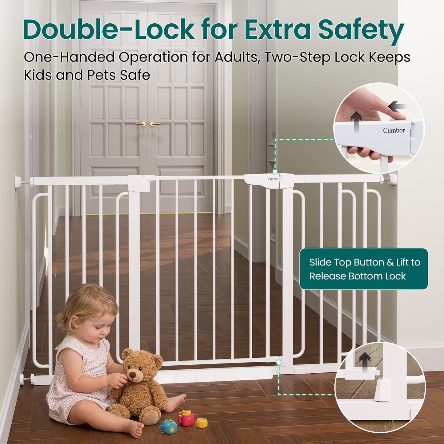 Cumbor 30.4-56.8" Extra Wide Baby Gate for Stairs, Dual Lock & Self-Closing Dog Gate Indoor, Easy Install Pet Gate for Doorways & Wide Openings, Easy Walk Thru Safety Proofing for Babies & Pets, White