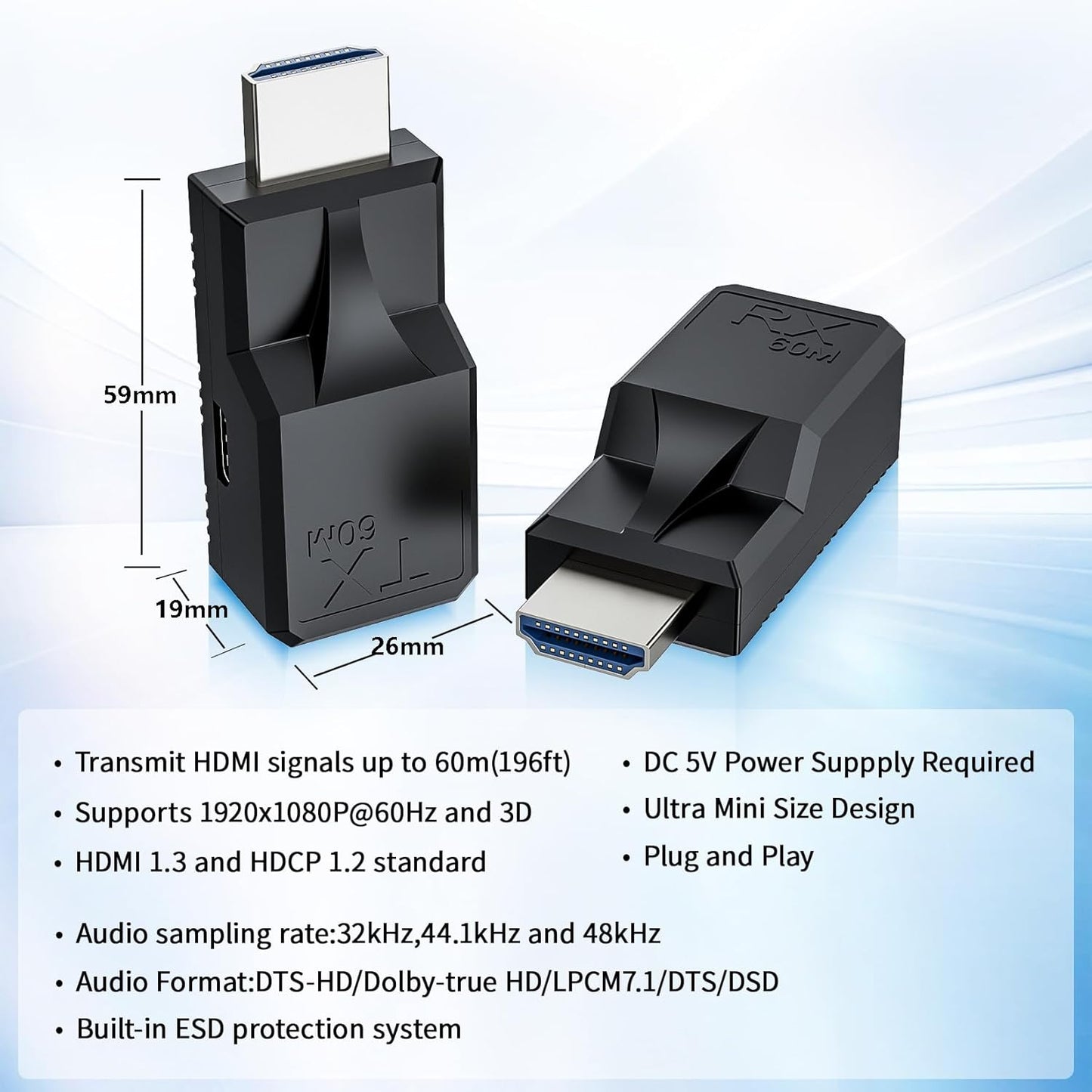 LUKFOCAB 196FT Cat5e/6 1080P@60Hz, RJ45 60M PS3/4, HDMI Extender Over Single Ethernet Cable, Support Audio Video UHD