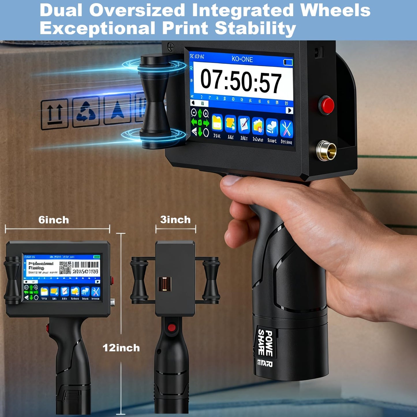 KOONE Handheld Inkjet Printer, 0.5 Inch Nozzle, Portable Inkjet Printer Gun for Text QRCode Barcode Production Date Time Logo Batch Number Print on Metal Wood Glass Cloth Carton Plastic (Black)