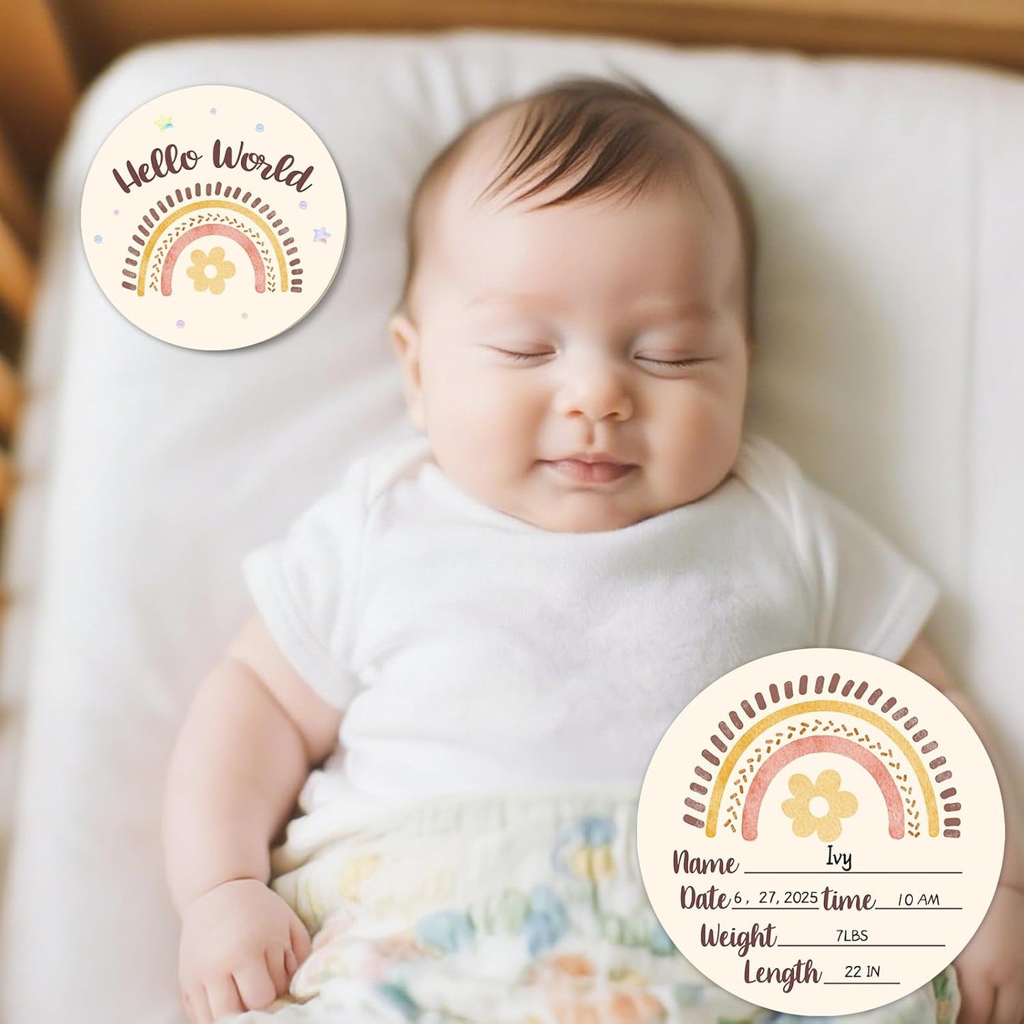 Set(13pcs) Baby Monthly Milestone Cards Sign - Double Sided Wooden Milestone Cards with Rainbow Design, Wooden Circles
