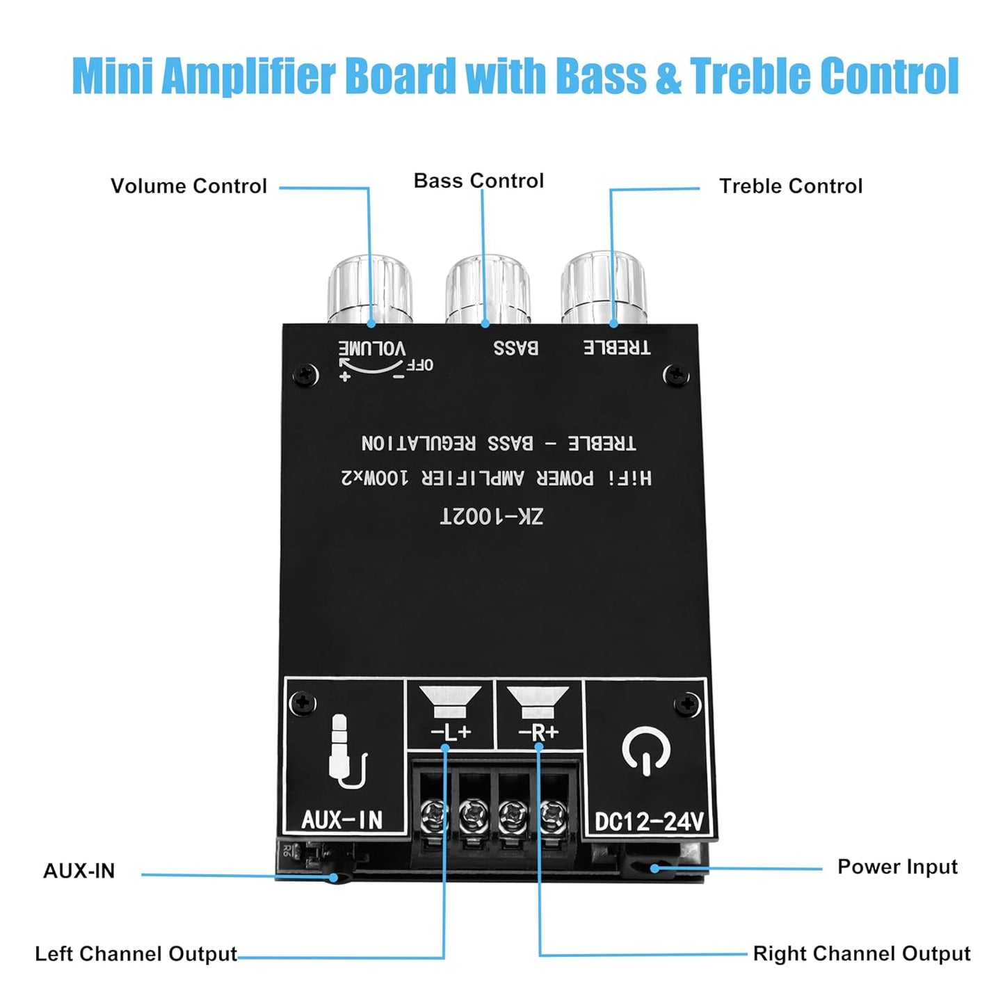 ZK-1002T 100W+100W 2.0 TPA3116D2 9-24V, Bluetooth Amplifier Board with Treble and Bass Control, Channel Stereo Audio