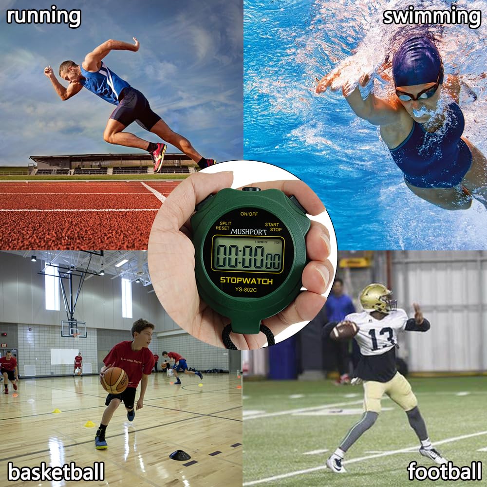 MUSHPORT Stopwatch Timer Only Stopwatch Mode, ON/Off Silent Large Display Simple Operation, Without Clock Date Countdown, Digital Stop Watch for Sports Kids Coaches, Green