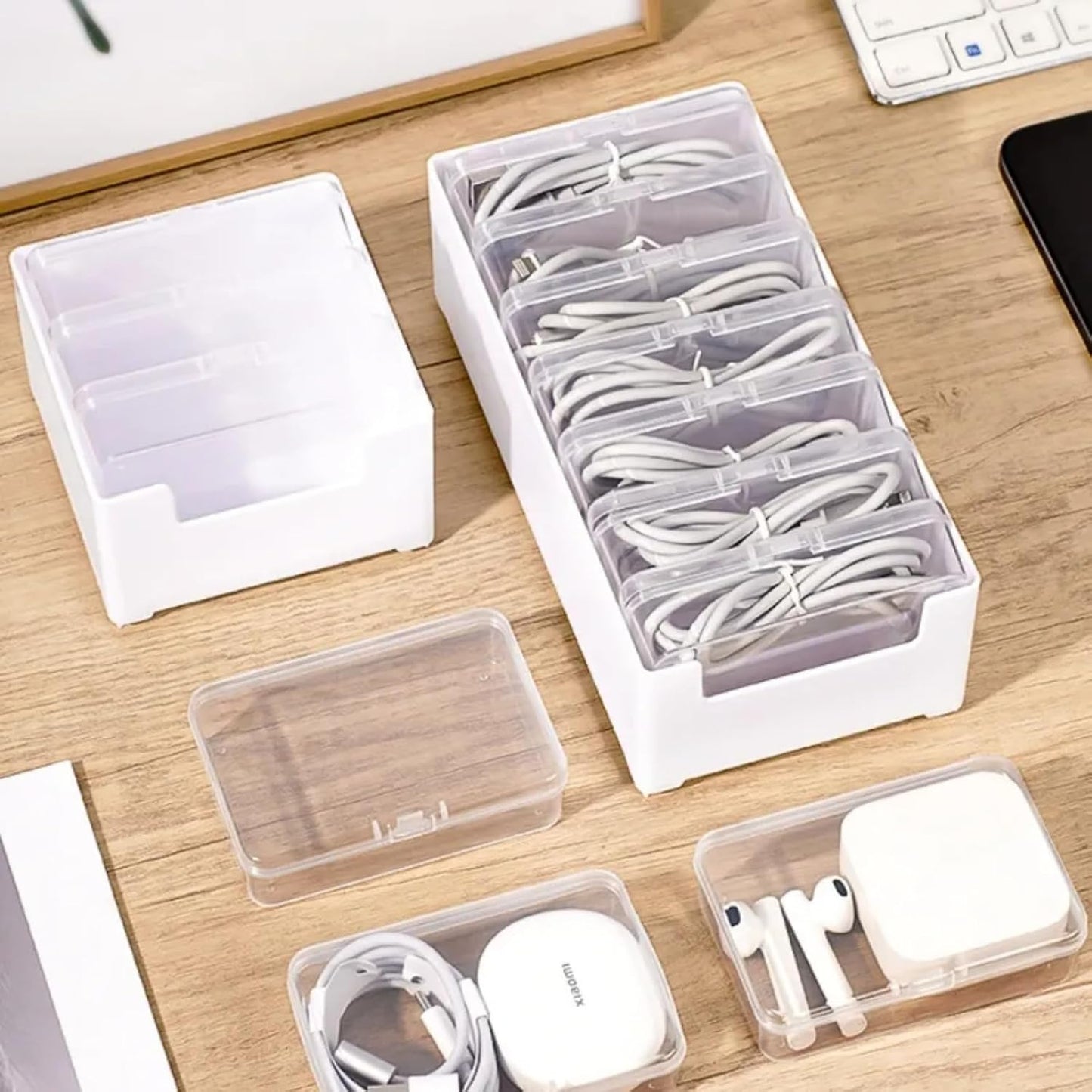 MAKABAKA 7 Cable Organizer Storage Box with Wire Ties,Desktop Cable Management Box with Switch, Power Cord Organizer