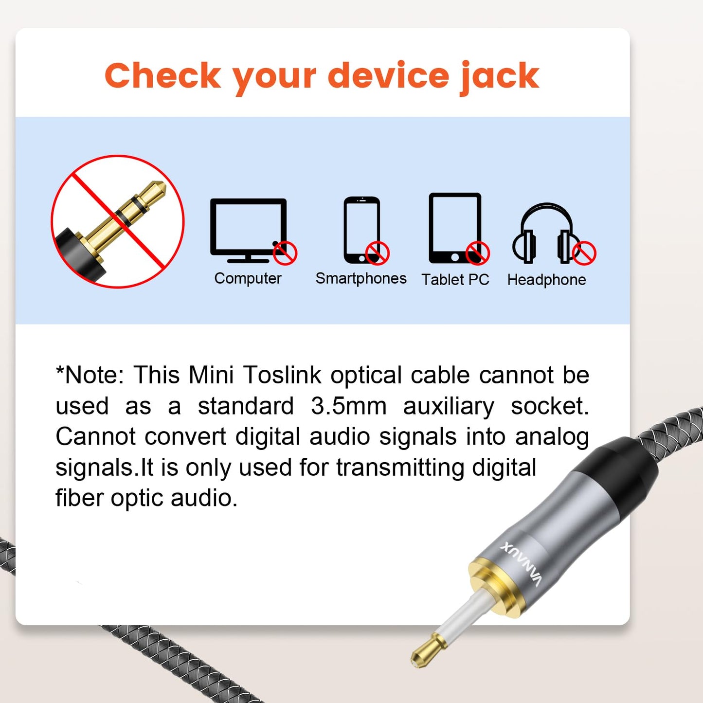 Cable,24K 3.5mm Plug(20ft/6m) VANAUX Toslink to Mini Toslink Digital Optical Cable,S/PDIF Fiber Optic Audio Gold Plated