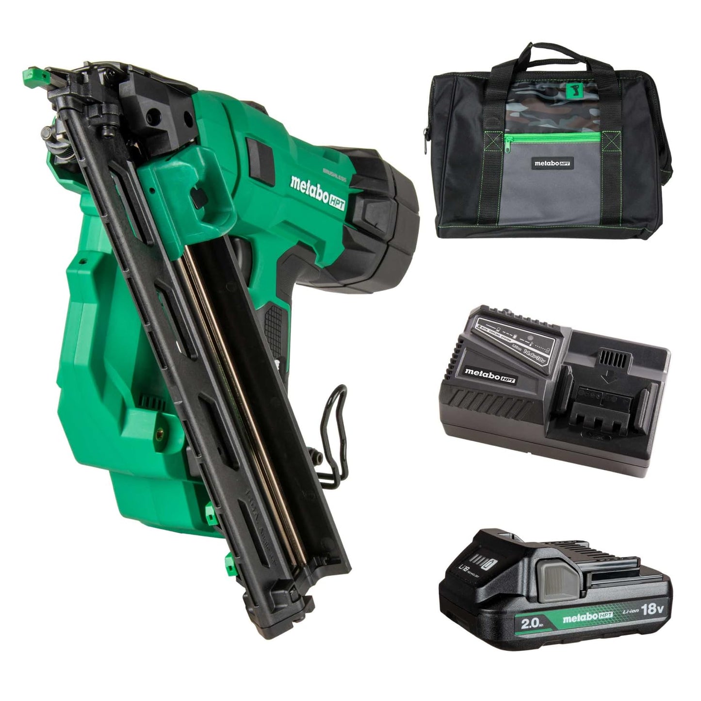 Metabo HPT 18V MultiVolt Brushless Pro 15-GA Angled Finish Nailer Kit, 15 Gauge Finish Nailer, Power Tool with 2.0Ah Lithium Ion Battery, 1-1/4" to 2-1/2" Nails, Powerful Brushless Motor, NT1865DAA
