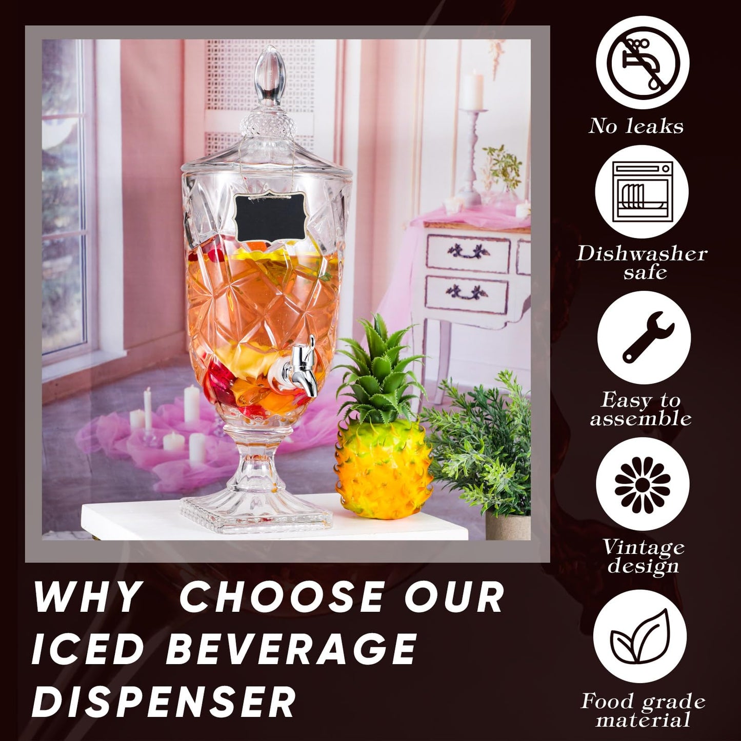 Zhehao 2 Pcs Drink Dispensers for Parties 1.3 Gallon Glass Beverage Dispenser Clear Vintage Crystal Iced Beverage Dispenser with Spigot and 2 Wooden Chalkboard Wide Mouth Beverage Server for Bar Home