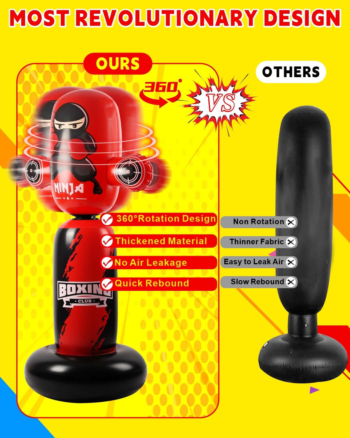VCOLAN Punching Bag for Kids,63inch Kid Punching Bag,New Upgraded 360°Rotating Inflatable Boxing Bag Ninja Toy Christmas Birthday Gift for Boys Age 3-12