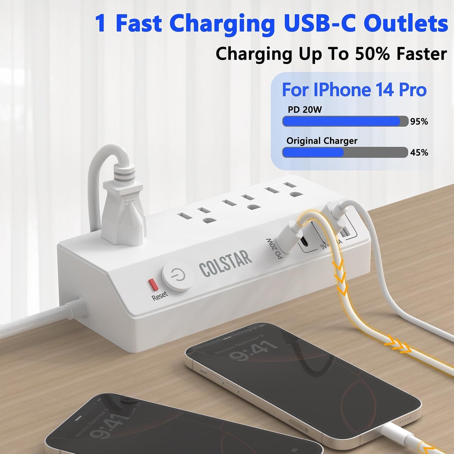 colstar 20W 10FT Desk Clamp Power Strip with USB, USB C Fast Charging, Clamps Securely to Desk Edge, Flat Plug