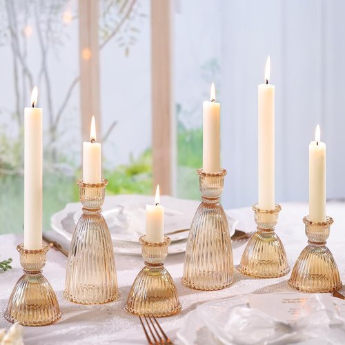 LAMORGIFT Gold Candlestick Holders Set - 4pcs 3.5" & 2pcs 6" Assorted Taper Candle Holders for Weddings & Modern Home Decor