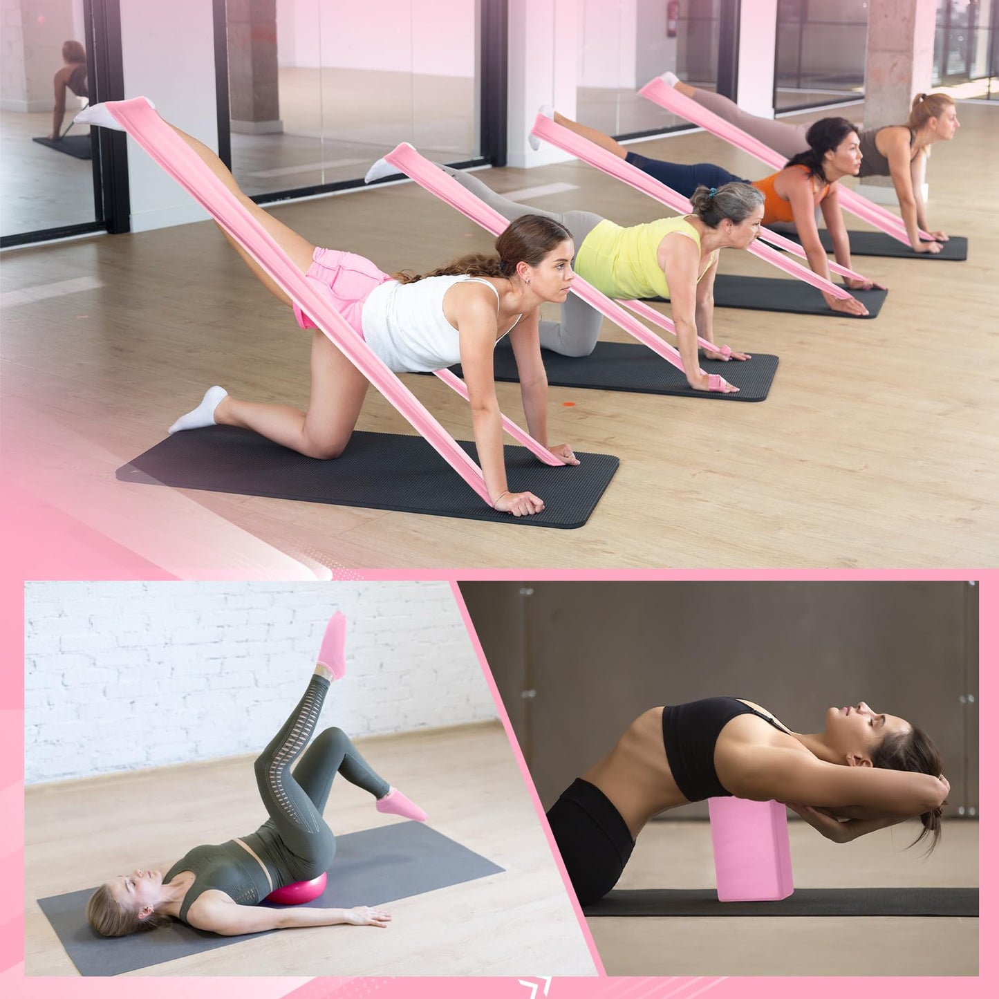 Halloscume 24 Pcs Pilates Kit, Home Pilate Equipment for Women, Pilates Ring and Ball Set with Stretching Strap, Water Bottle, Magic Circle, Yoga Ring, Gym Bag, Resistance Band, Anti Slip Sock(Pink)