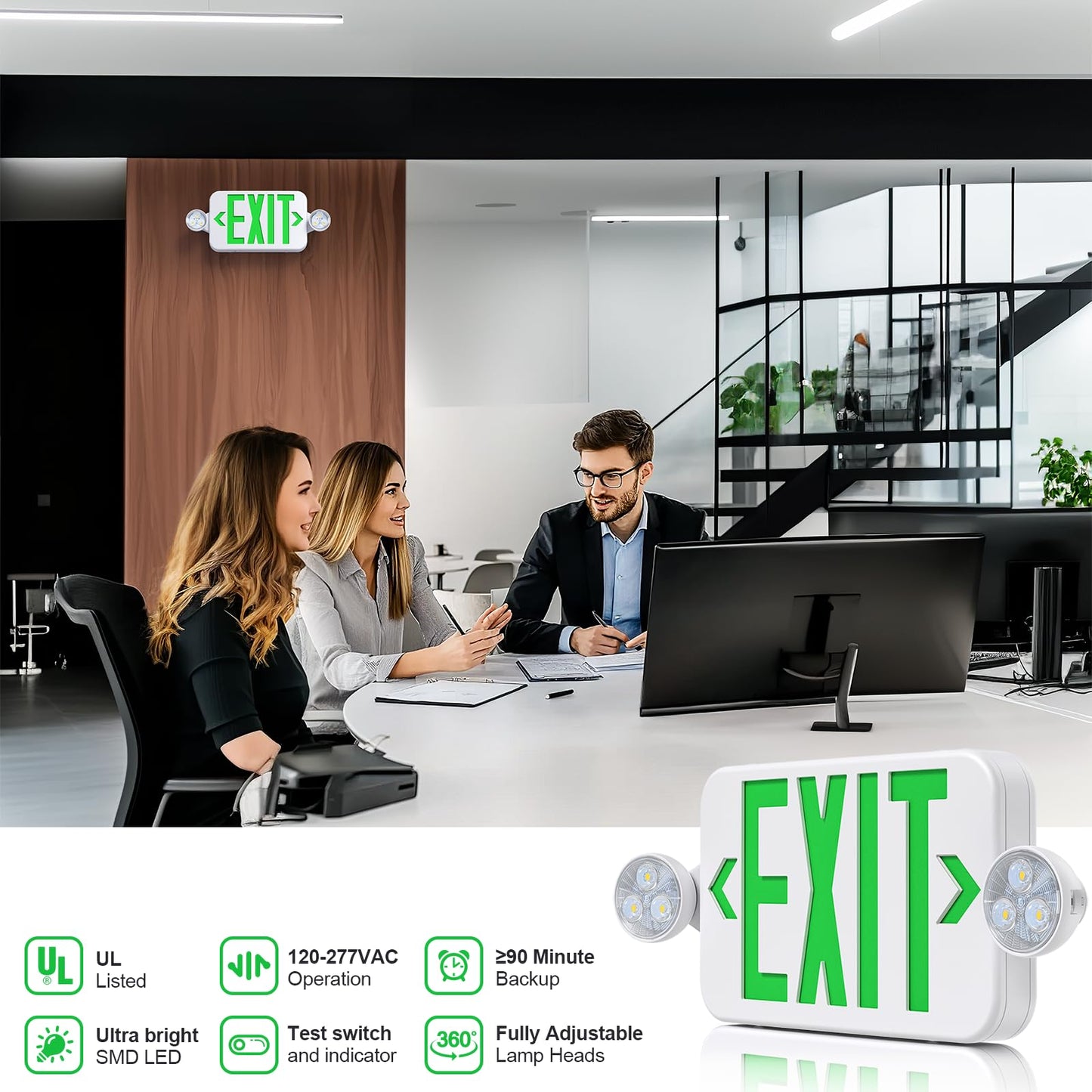 Led Exit Sign Emergency Light Combo Adjustable Two Head,Double Sided and Battery Backup Exit Light,Green Letter Hardwired Emergency Exit Sign,AC 120/277V,UL Listed,Ceiling&Wall Mount (6 Pack)