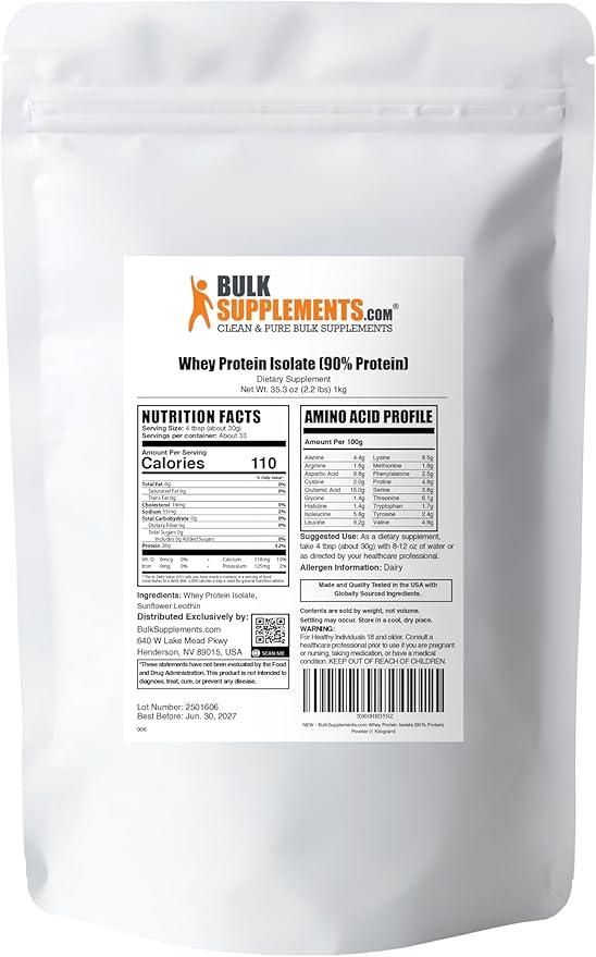BulkSupplements.com Whey Protein Isolate Powder - Whey Protein Powder, Unsweeteneed, Unflavored & Gluten Free - 30g per Serving, 1kg (2.2 lbs) (Pack of 1)