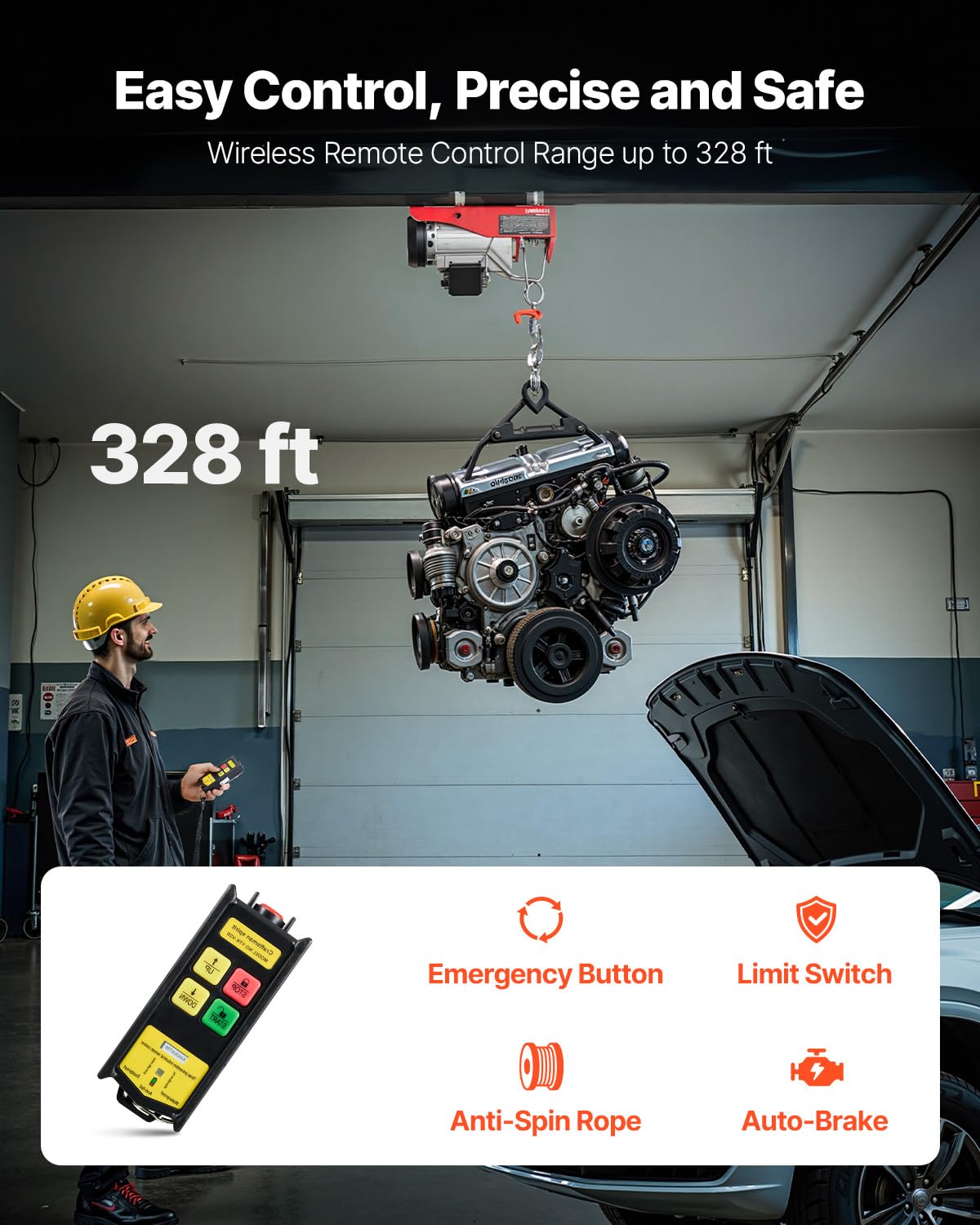 VEVOR 880lbs Electric Hoist with Wireless Remote Control, 110v Electric Hoist with Remote Control, 40ft/20ft Lifting Height Motor, for Garage Warehouse Factory
