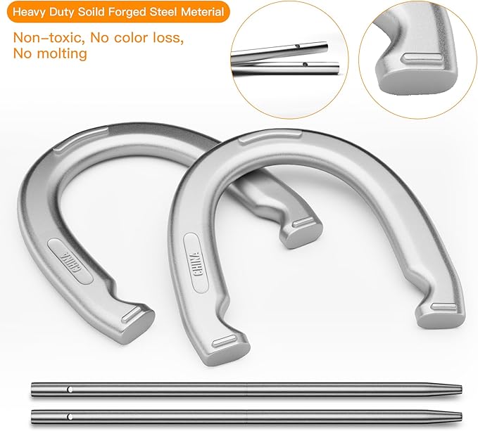 NQV Horseshoe Outside Game,Horse Shoe Game Kit,Horseshoe Set on Lawn Beach Soil Outdoor Backyard Adults. 4 Traditional Heavy Duty Forged Steel Horseshoes Regulation Size+2 Forged Steel Stakes+1 Bag