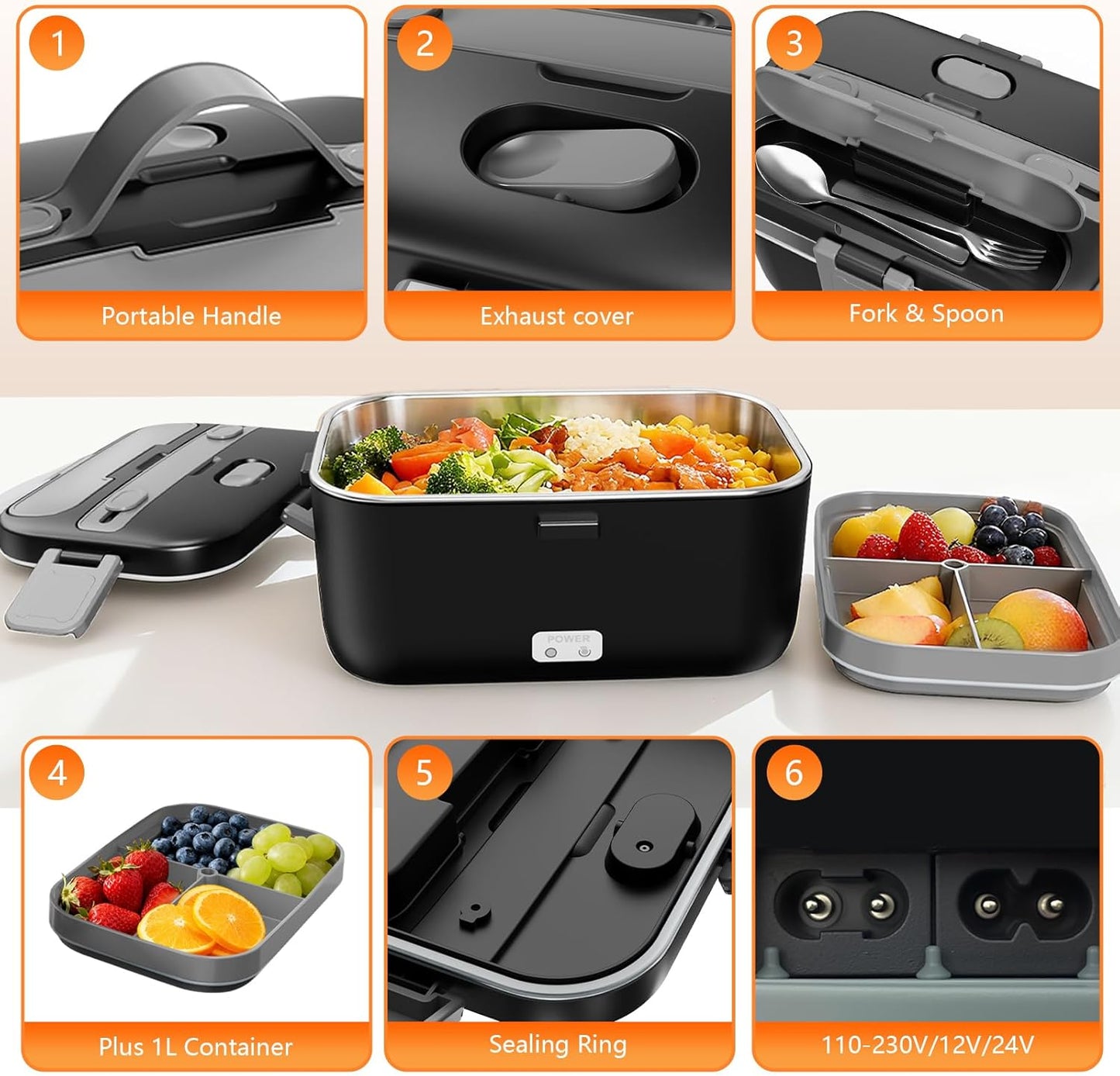 Skiennix Electric Lunch Box - 2.8L Double Layer Food Heater for Home, Office & Car - Black