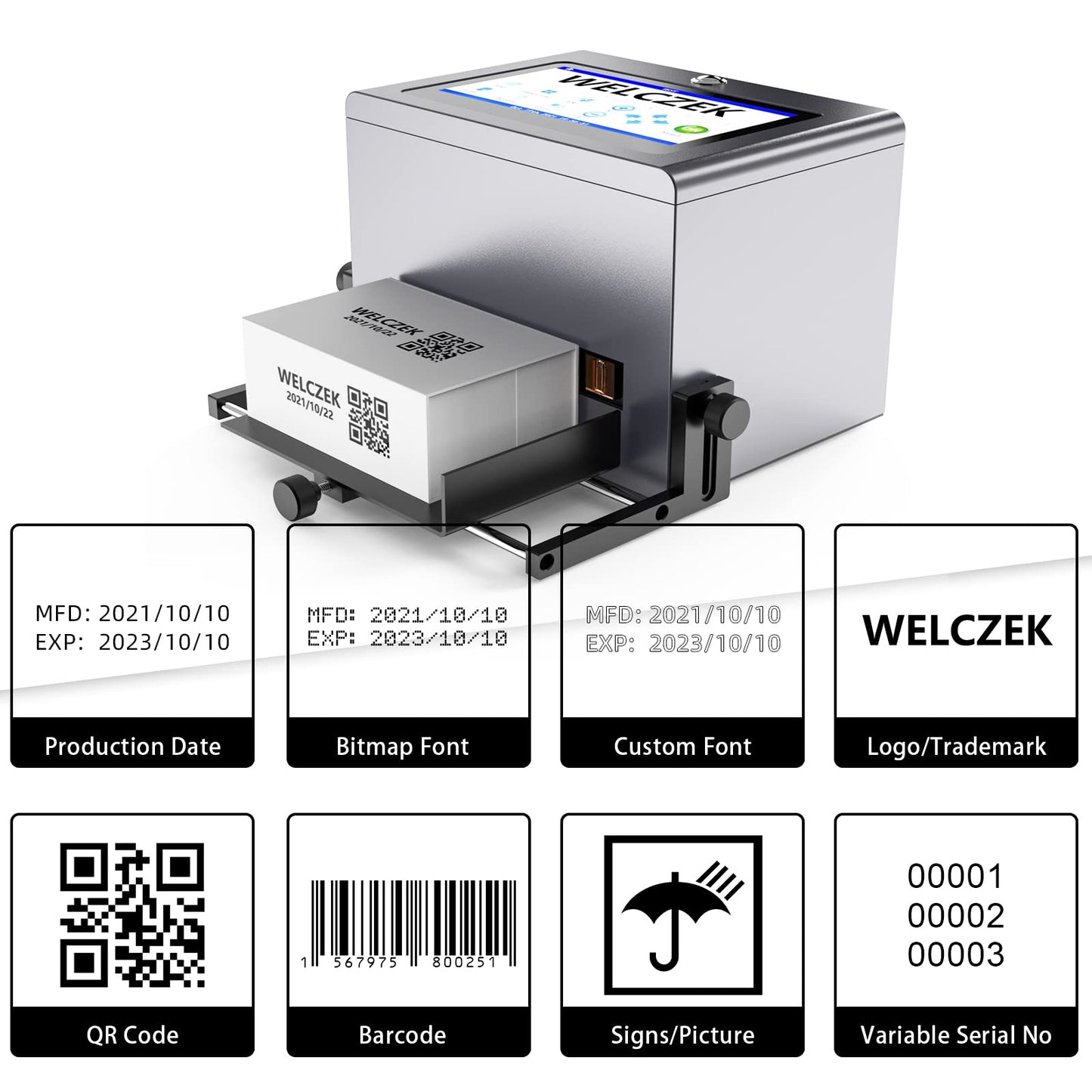 WELCZEK JHX2 Intelligent Inkjet Coding Machine with 7 Inch Color Touch Screen Quick-Drying Online Batch Coding Printer for Date, Picture, Barcode, Qr Code, Label, Variable Data etc