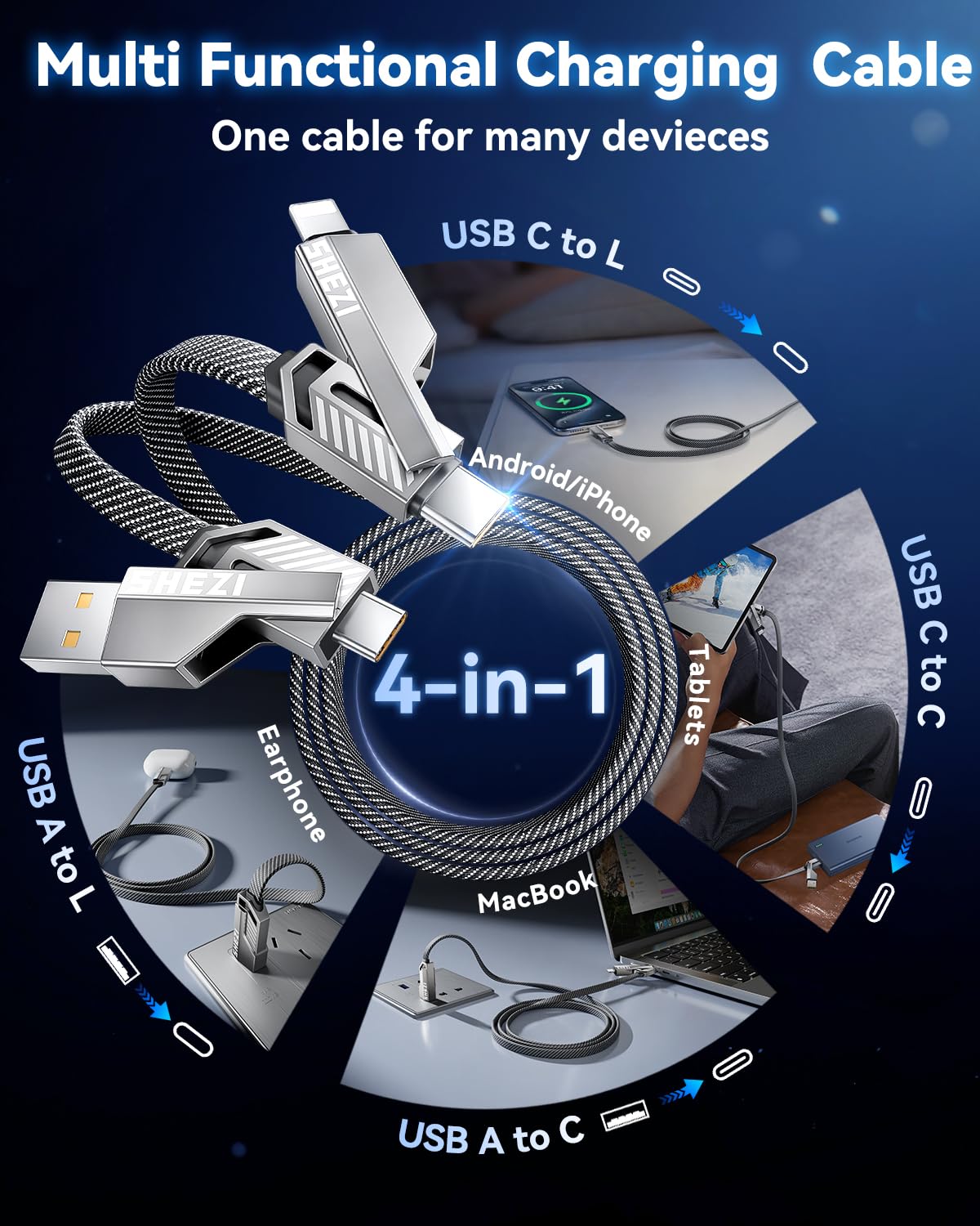 4-in-1 60W iPhone/Samsung/iPad,3FT [One is Enough] Compatible with USB C to Lightning Cable, High-Speed Charging & Fast