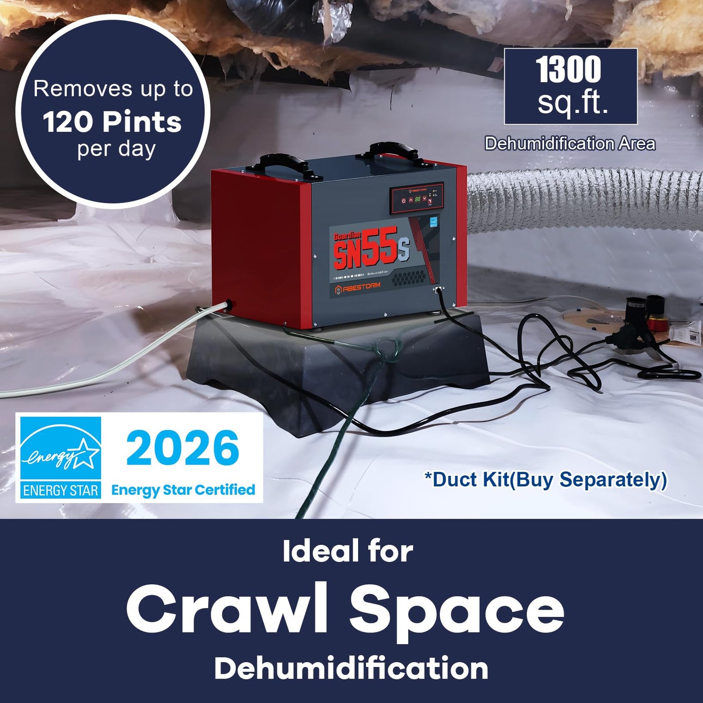 Abestorm Crawl Space Dehumidifier, 120 Pint Commercial Dehumidifiers for Basement, Industrial Dehumidifier with Drain Hose, Portable Dehumidifier Crawlspace, Auto Defrosting, 5 Years Limited Warranty