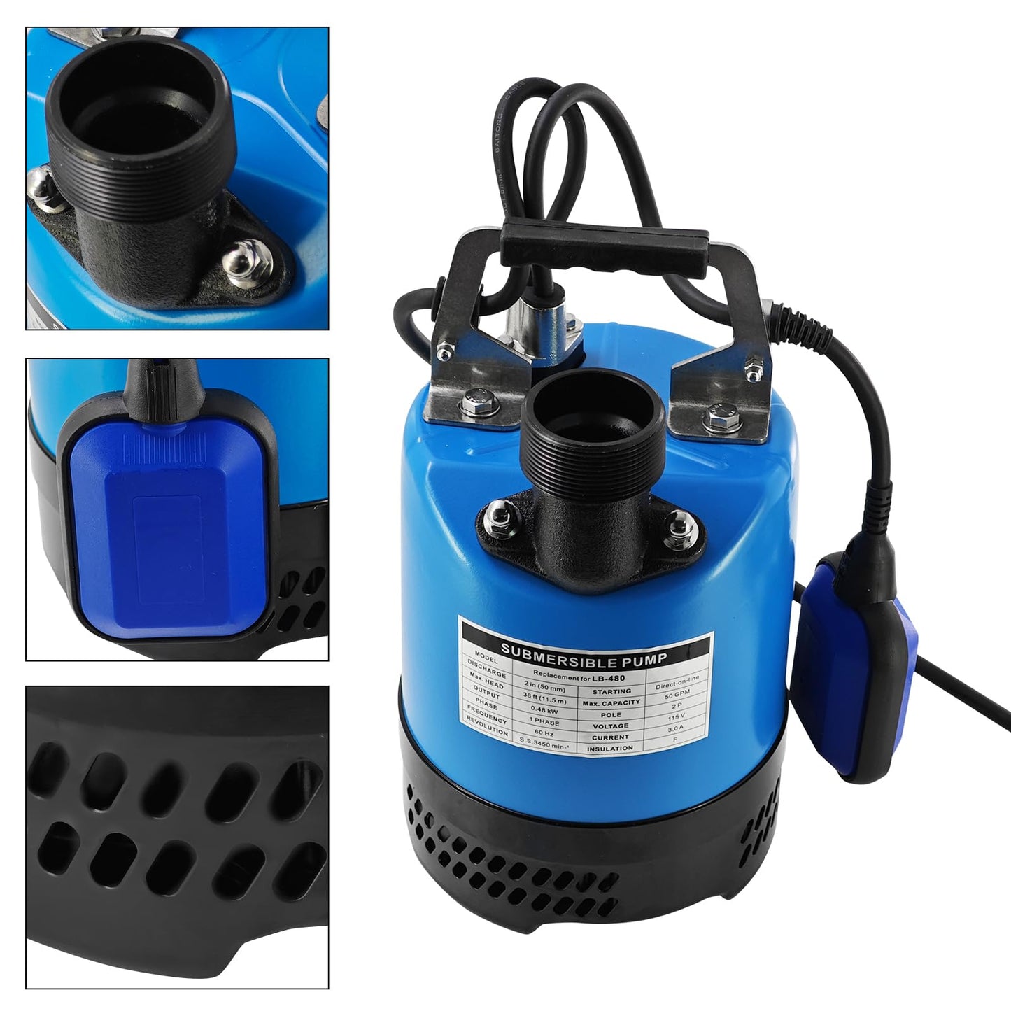 LB-480 2/3 HP 115 V Auto Float Switch Submersible Dewatering Pump Replacement for LB-480-62 LB480 2'' Straight Male NPT Submersible Drainage Utility Pump Single Phase 50 GPM / 3000 GPH