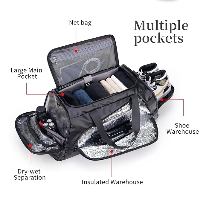 Duffle Bag for Travel, Carry on Gym Bag for Men, Waterproof Sport Bags with Shoe Compartment, 40L Lightweight Weekender Bag for Camping, Hiking, Trips - Black (Basic)