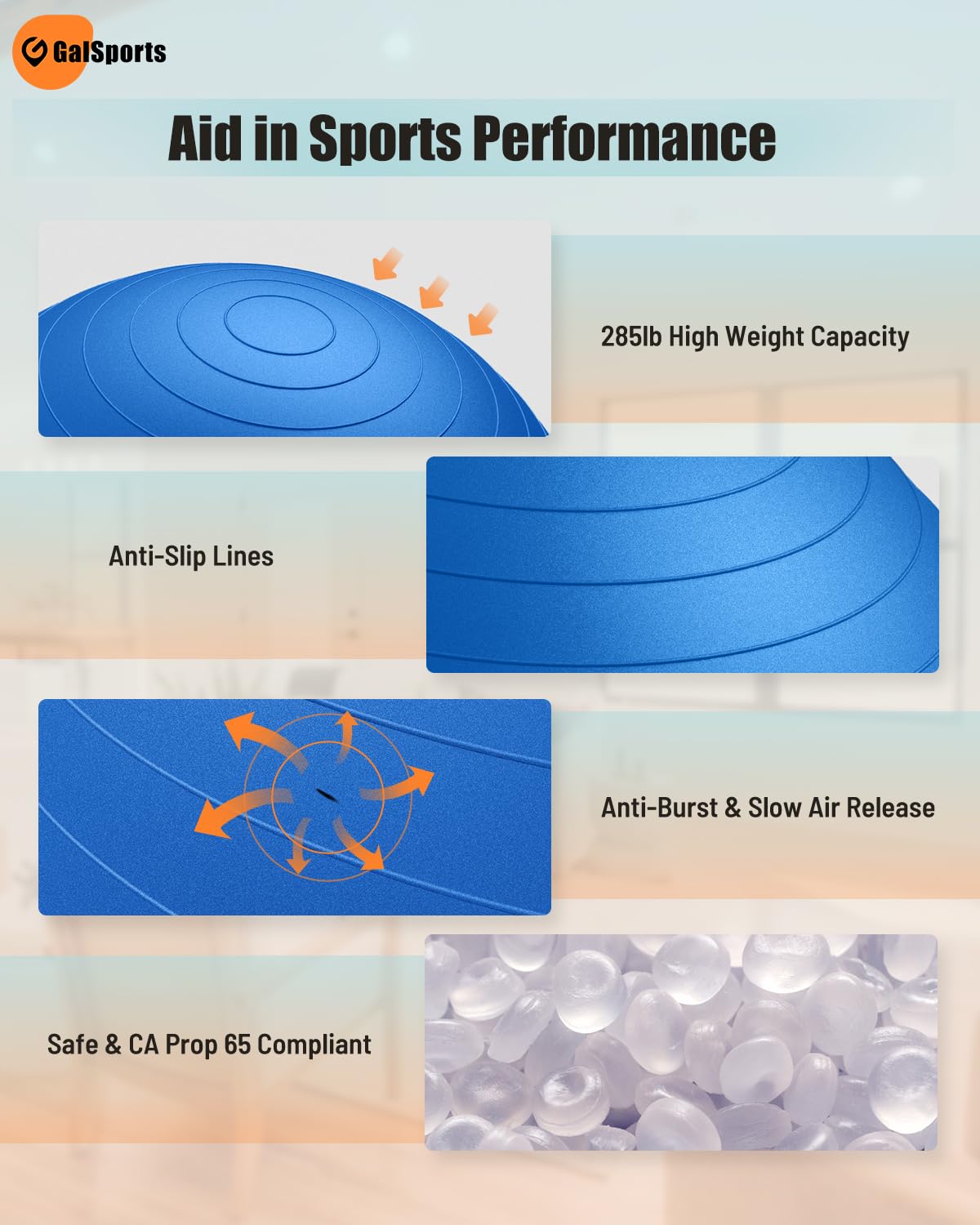 GalSports Yoga Ball for Exercise & Physical Therapy, Anti-Burst Stability Ball, Slip Resistant, Home Gym Fitness, Balance Chair