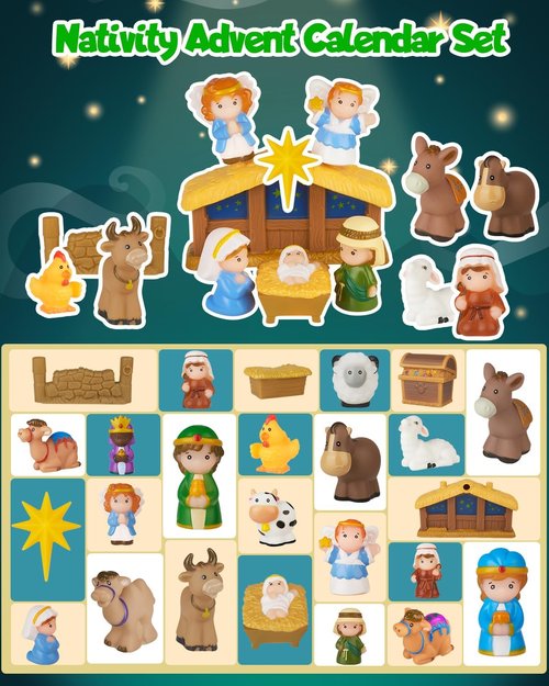 Nativity Advent Calendar 2025 - Christmas Story Playset for Kids | 25-Piece Nativity Scene Set for Ages 1-6+