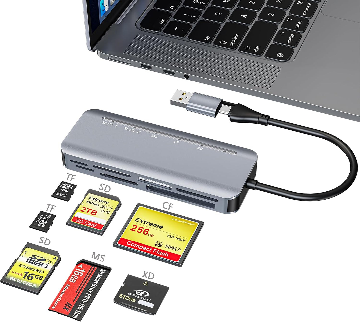 clickfish 7 1 in Memory Stick Pro Duo Card Reader, USB-C Multi Cards Reader for SD/TF/CF/MS/XD Cards, SD Card Reader