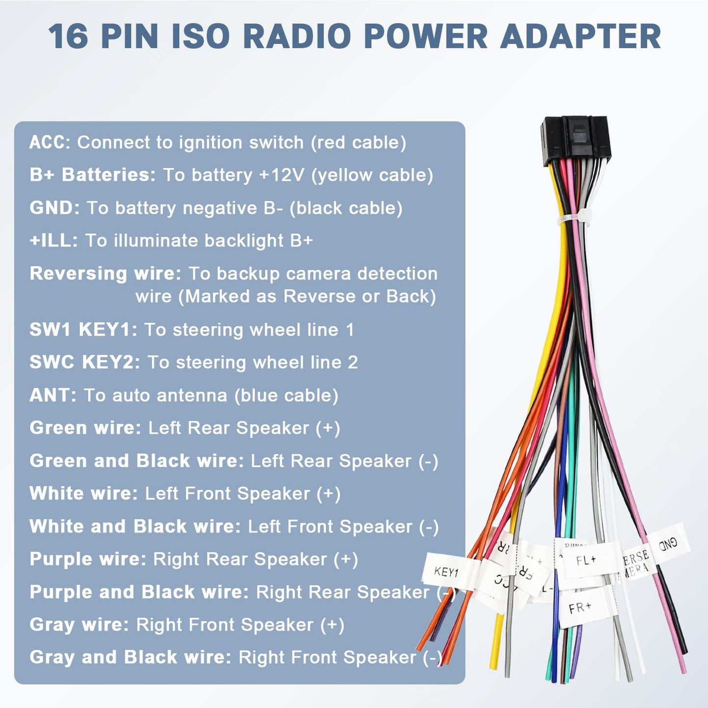 16 10/20 4/6 Android Radio Wiring Harness Kit with Pin ISO Car Radio Wire Harness, Pin RCA Back Camera Adapter, Pin USB