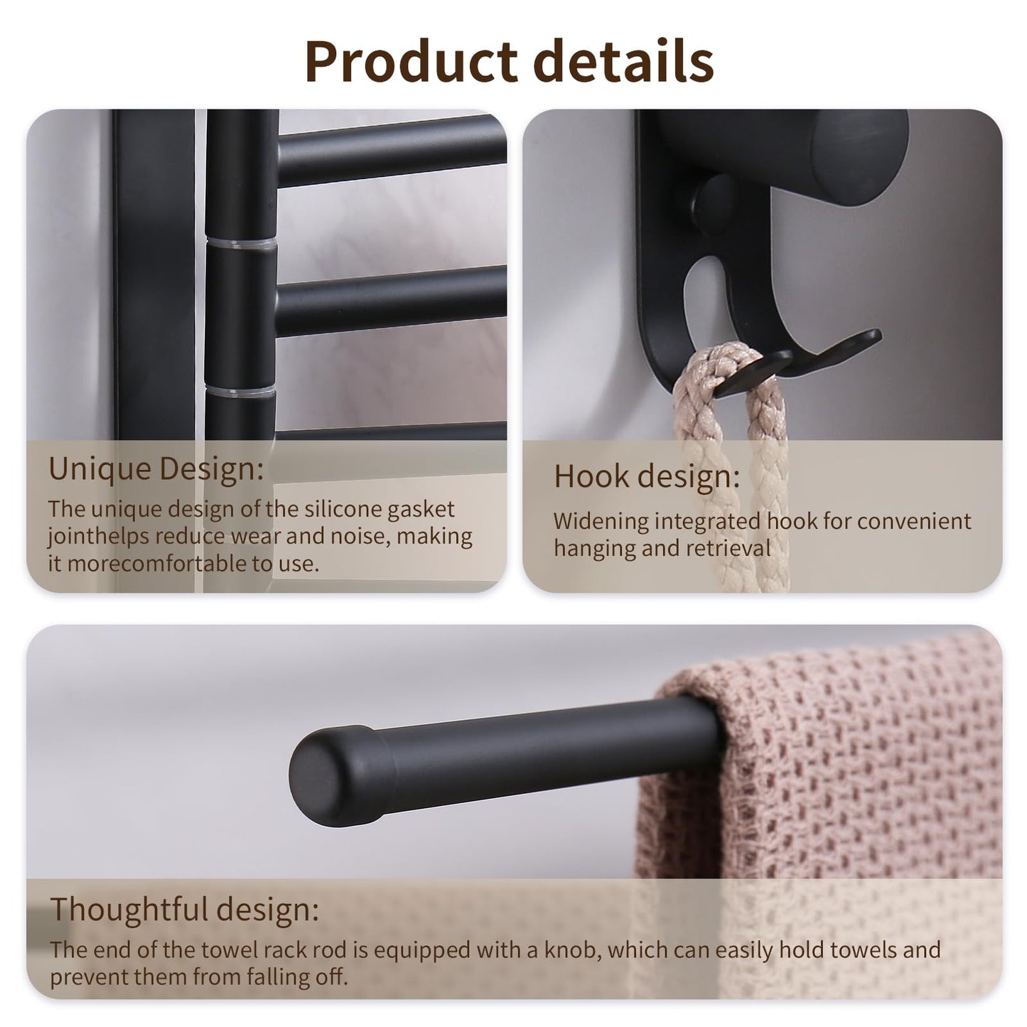 Swivel Towel Rack, 14" Thicken 304 Stainless Steel 6-Arm Adjustable Towel Bar,Wall Mounted Towel Holder with Hook, Space Saving for Kitchen, Bathroom, Outdoor (Black, 6 Arms)
