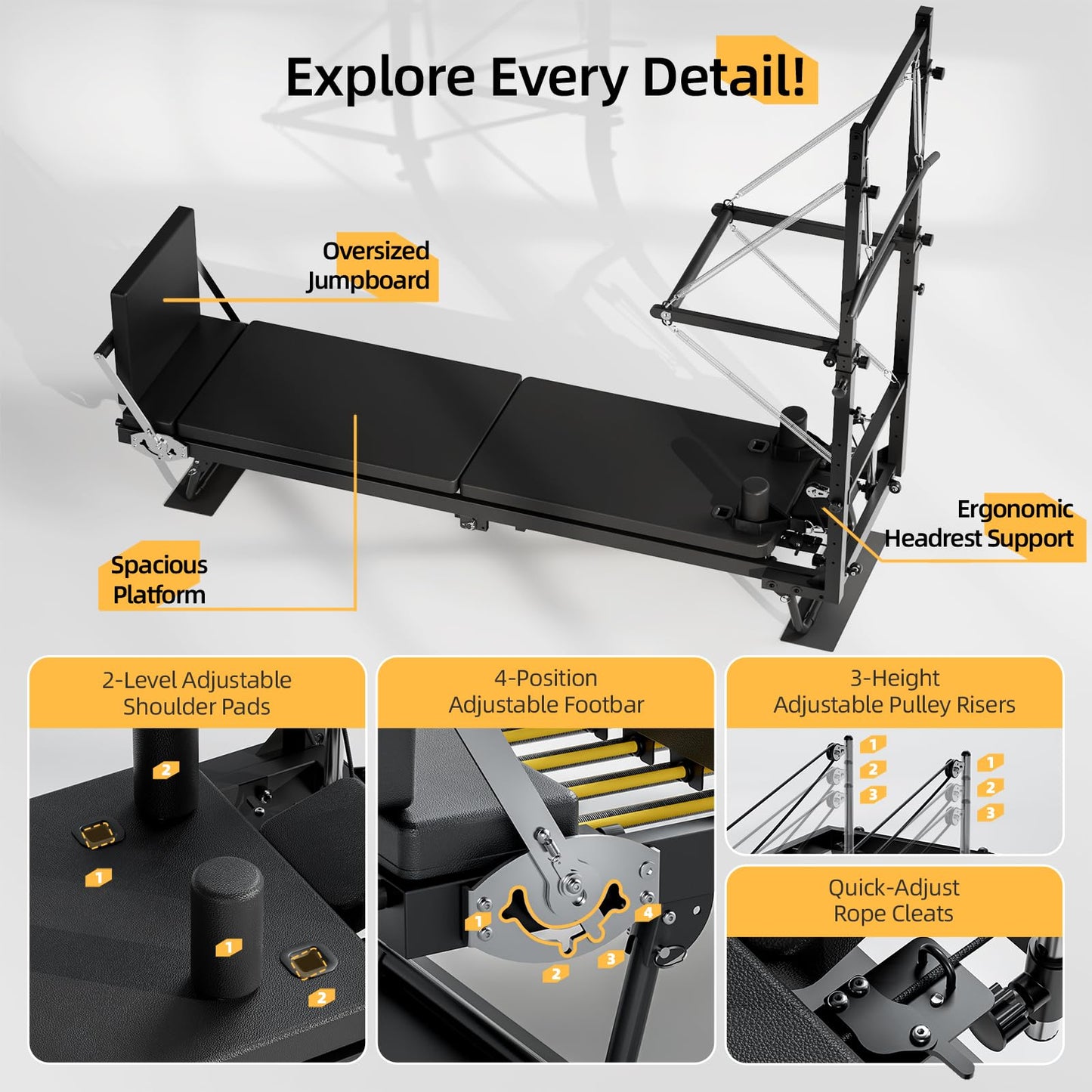 Buytime Pilates Reformer Machine with Tower, 93" Foldable Reformer Pilates Machine with Jumpboard and Wire Spings, Reformer Pilates Machine for Home Gym, Black
