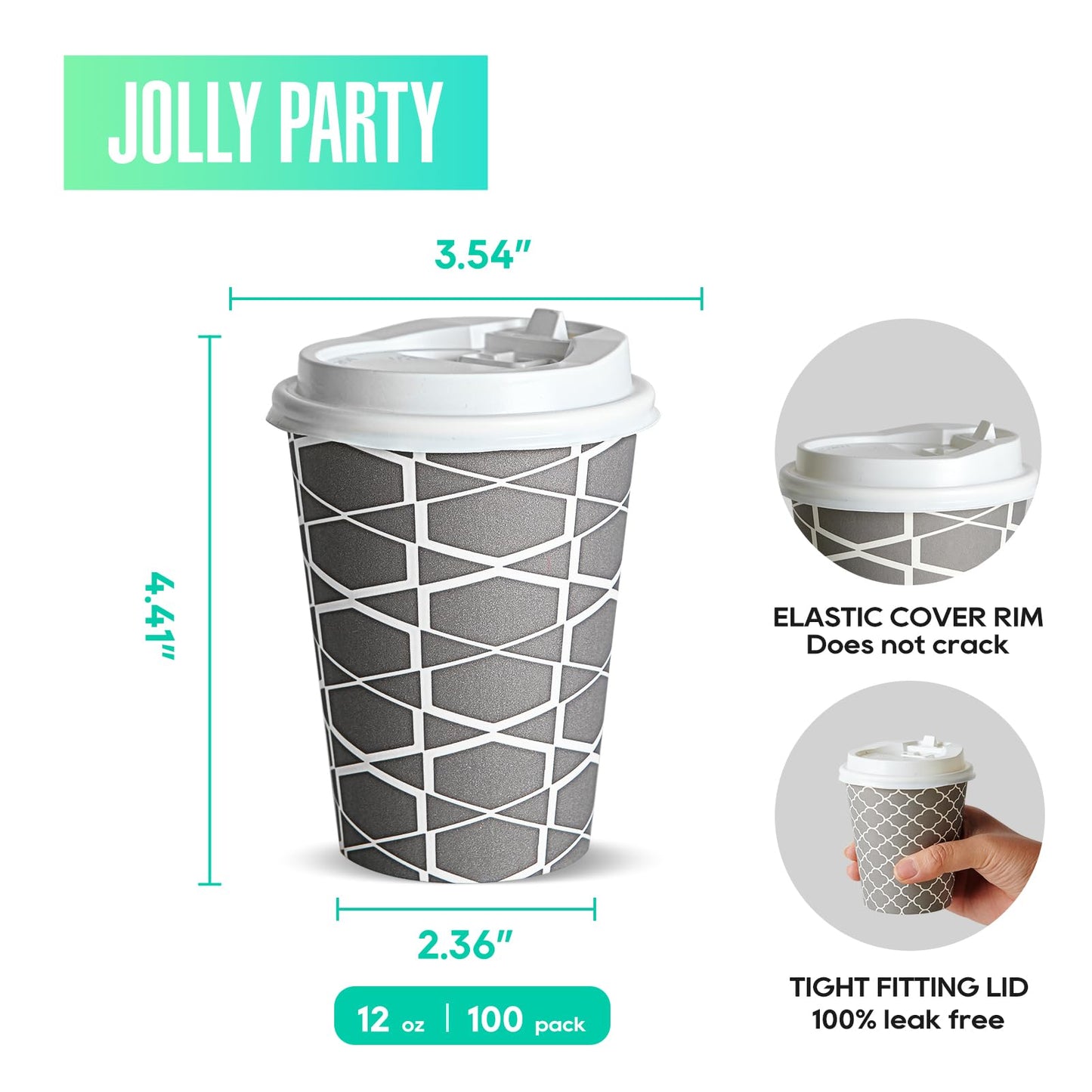 JOLLY PARTY Disposable Coffee Cups with Lids -12 oz (100 Sets) To Go Cups, Paper Coffee Cups for Beverages Espresso Tea, Suitable for Cafes, Offices and Home