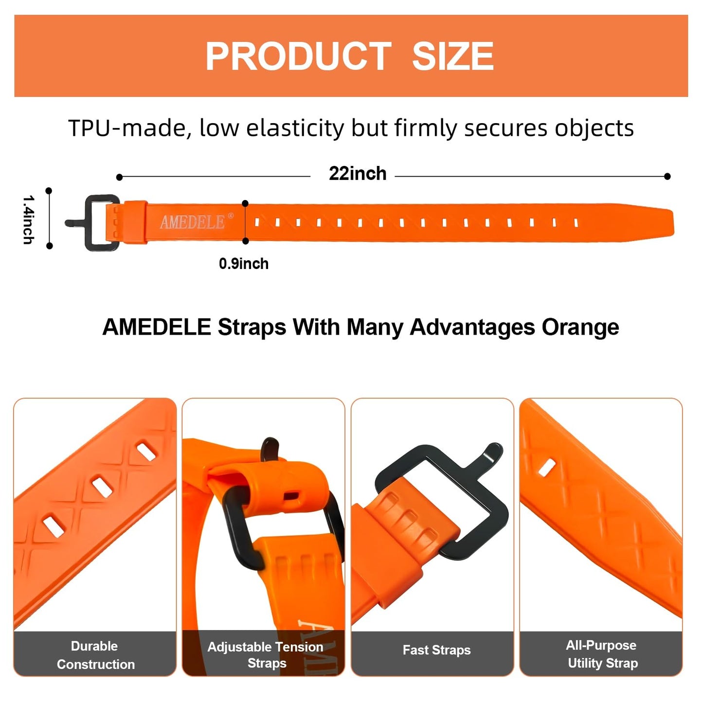AMEDELE 4 Pack Lashing Straps with Buckles,Adjustable Utility Tension Straps,Simple Tie-Downs Straps for Securing Bike Moto Luggage,Garden Hoses,Skis,Wires and Cables,Orange,22"