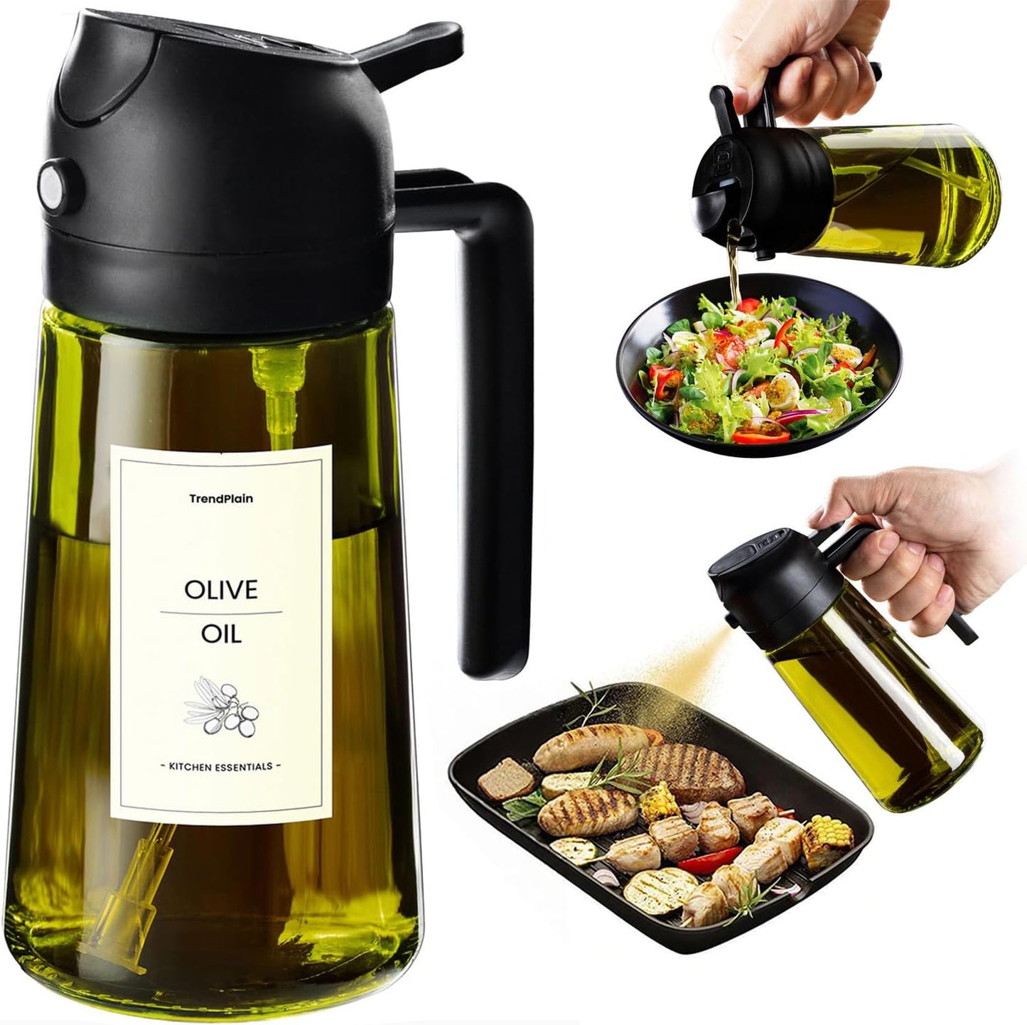 TrendPlain - Olive Oil Dispenser Bottle | 16oz/470ml Kitchen Gadget for Cooking & Air Fryer - Black
