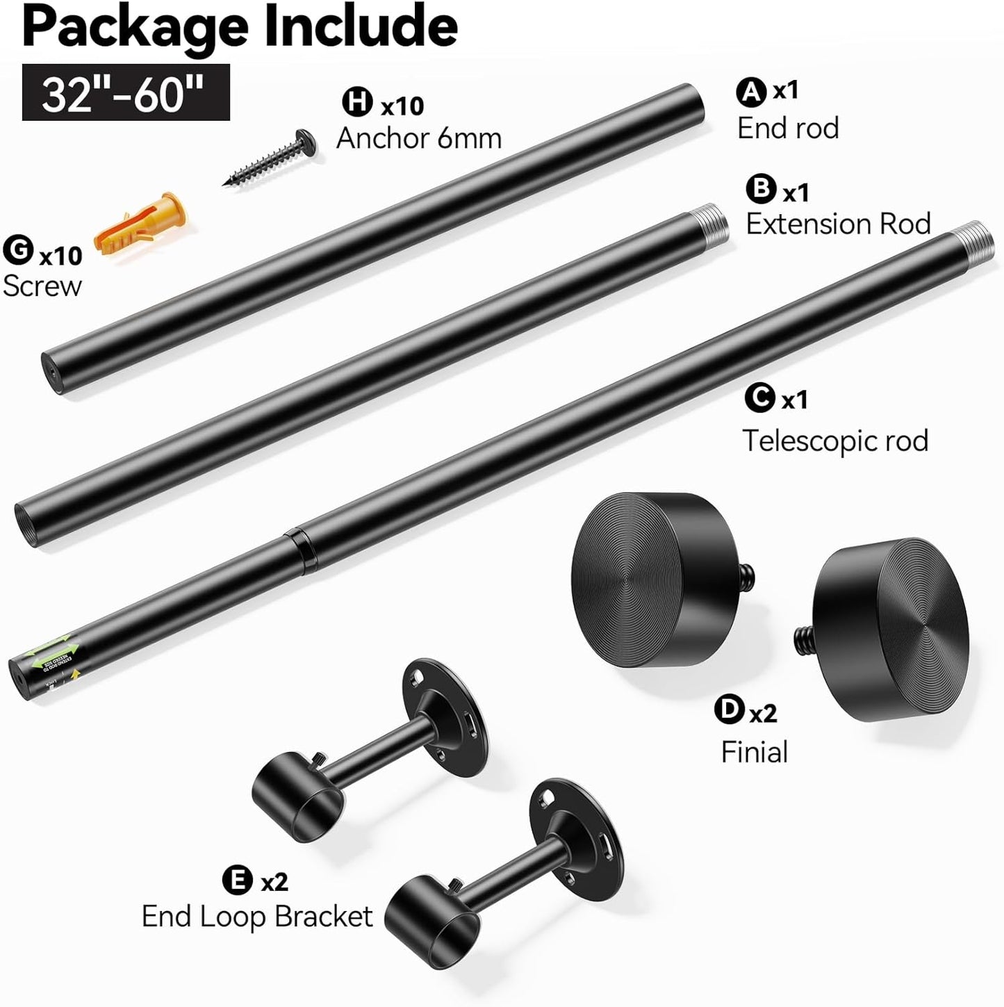 YaFex Heavy Duty Curtain Rod - Adjustable 32-60 Inch Black Rod with Aluminum Finials | Easy Installation