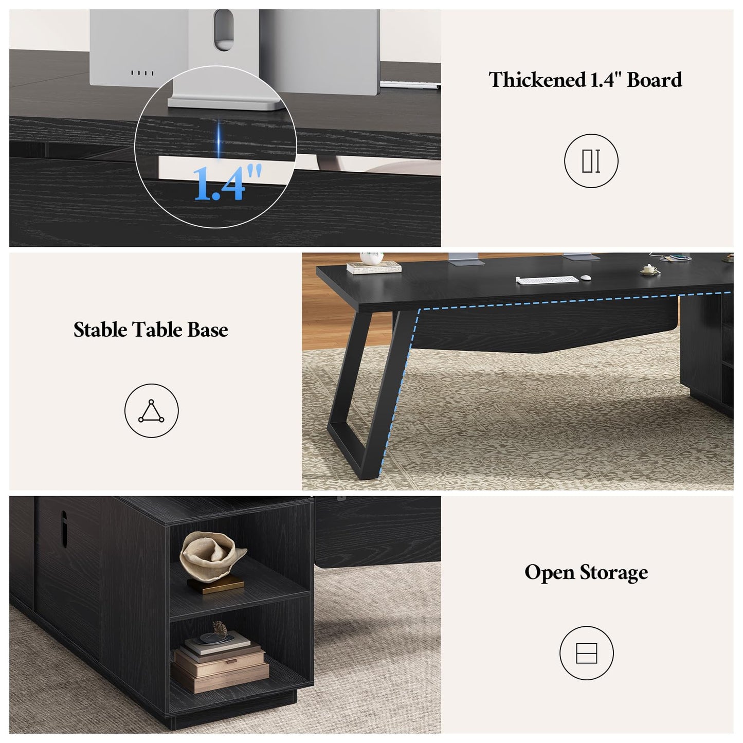 70.3 in L Shaped Executive Desk with Power Outlets, Large Home Office Desk with Storage Drawers & File Cabinet, Modern Computer Desk with Shelves, Black Business Furniture, Square Metal Legs, Black