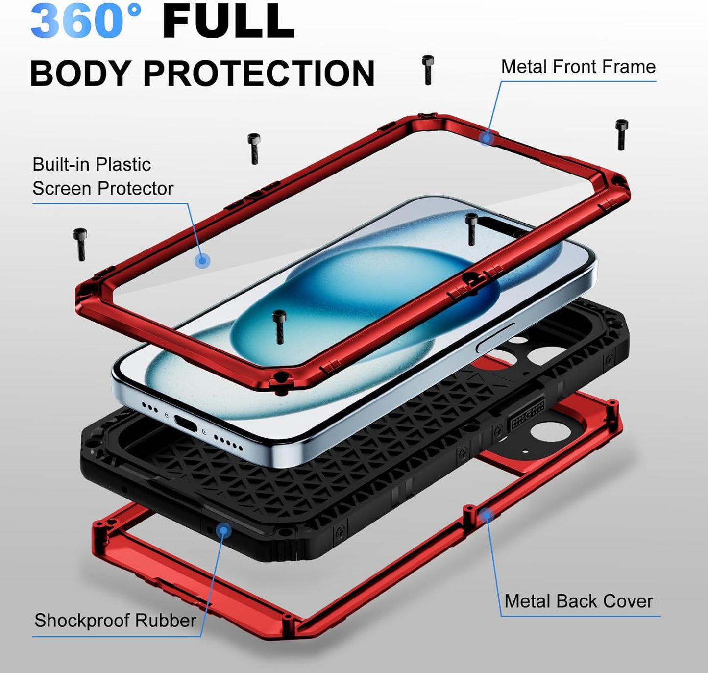 Beasyjoy 15 15 6.1", for iPhone Case Waterproof, Metal Heavy Duty Full Body Protective Case with Built-in Screen