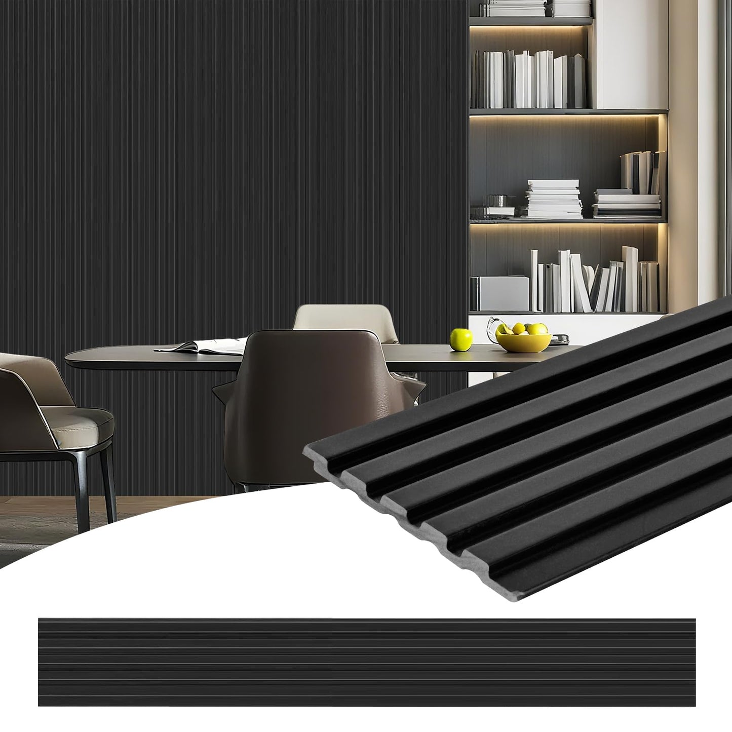 Artbrix 8-Pack 3D Slat Wall Panels — Soundproof Faux Wood Wall Panels for Interior Décor, 47.2" x 6.3", Modern Cladding for Living Room, Bedroom, Office — Black Finish