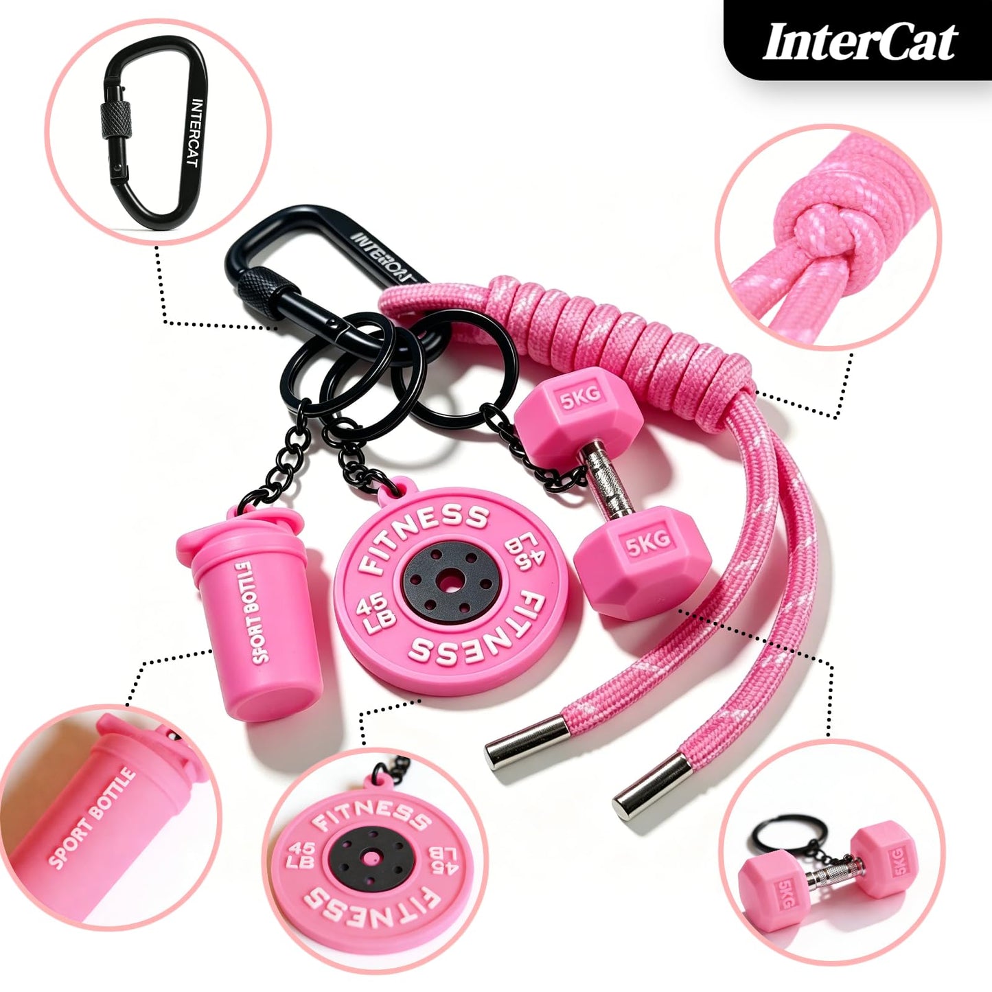 InterCat Gym Keychain accessories for women,Fitness Keychain Set,Cute bag gym charms workout accessories,Pink Silicone Mini Dumbbell Weight Bottle, Fitness Gifts for Men Women