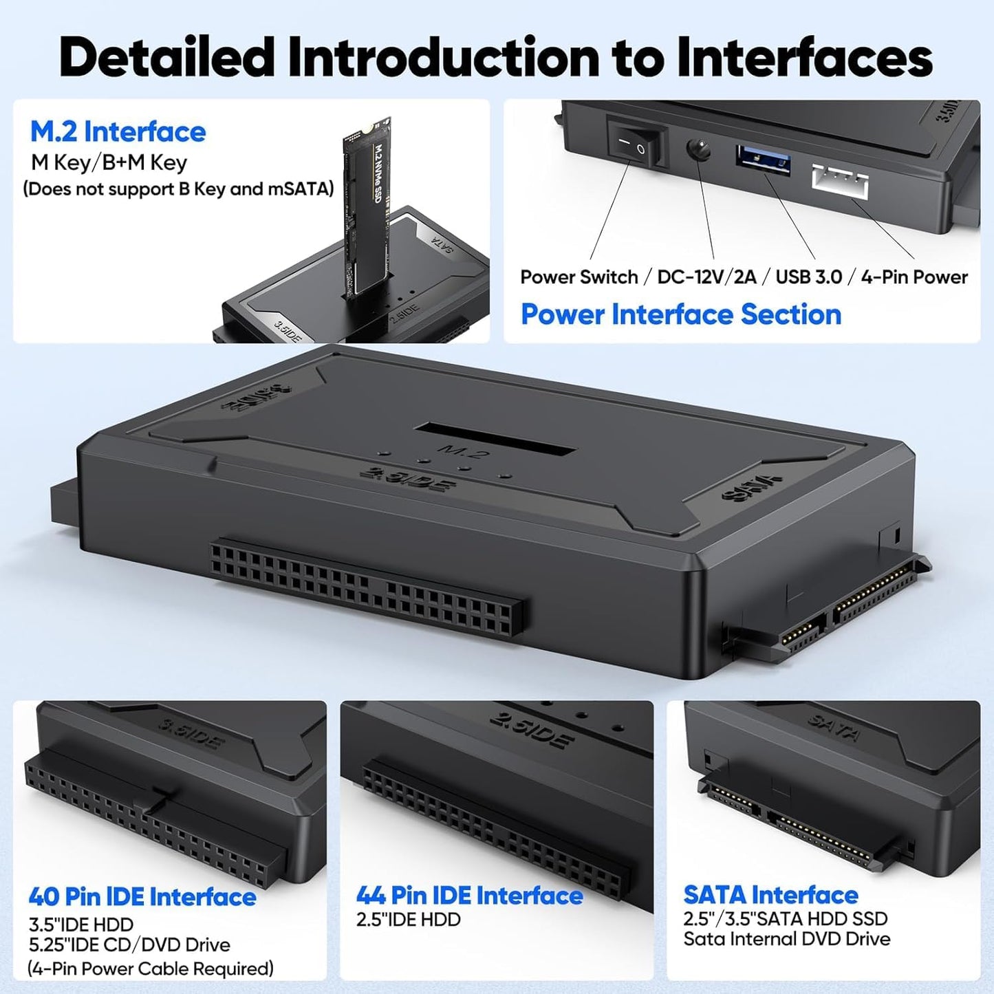 FEMORO 4-in-1, M.2 10Gbps 12V/2A M.2 2.5" 3.5" Hard Drive Reader SATA IDE to USB Docking Station, NVME Dock, Computer