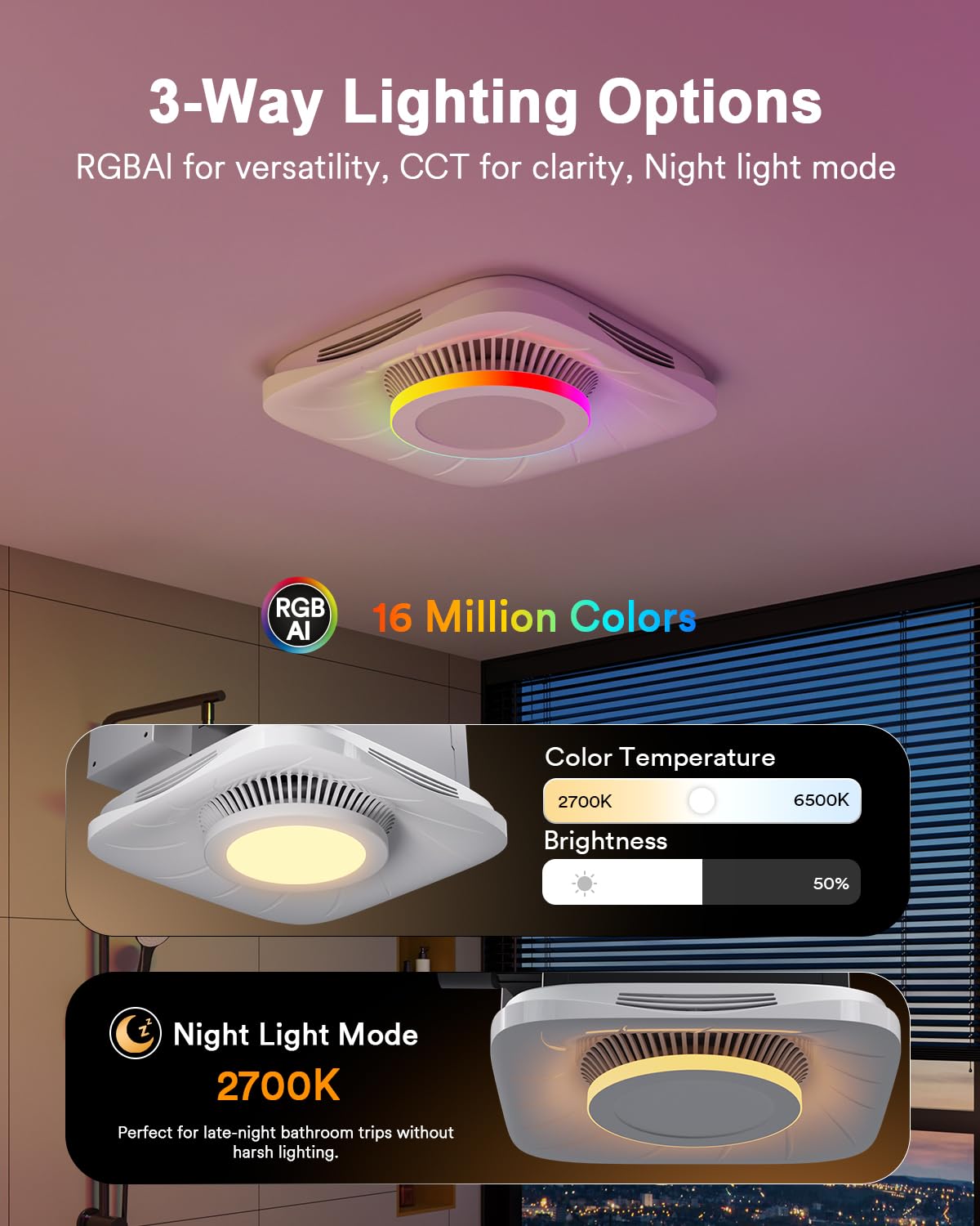 Lumary Smart Bathroom Exhaust Fan with Light, 110CFM 1.5 Sones Quiet Bathroom Vent Fan, 1000LM 2700-6500K, RGBAI Nightlight Ventilation Fan with Timer&Music Sync, Compatible with Alexa/Google