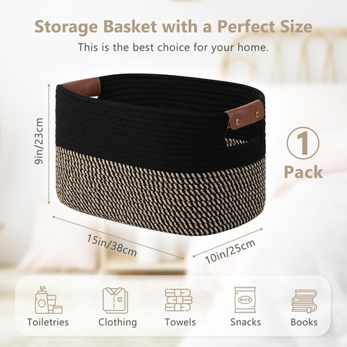 ECDYQXVU Cotton Rope Basket - Woven Storage Basket with Handle | 15x10x9 Inch for Laundry, Towels, Books (Black Brown)