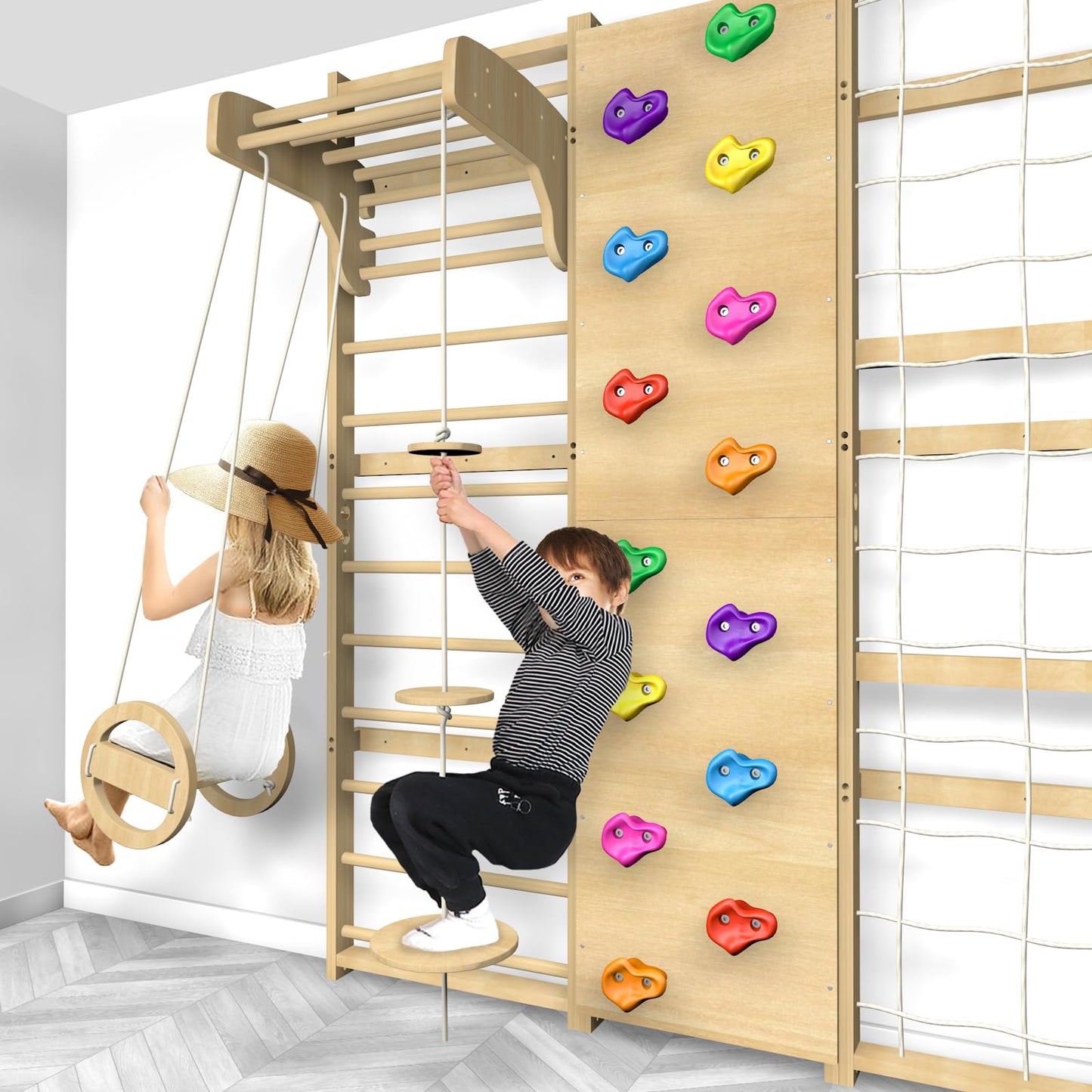 Upgraded Extra-Large Size 94.5inch Height 10-in-1 Swedish Ladder Gym Set, Home Playground with Swing, Rope Ladder, Pull-Up Bar, Slide and Rock Climbing Wall for Kids and Adults
