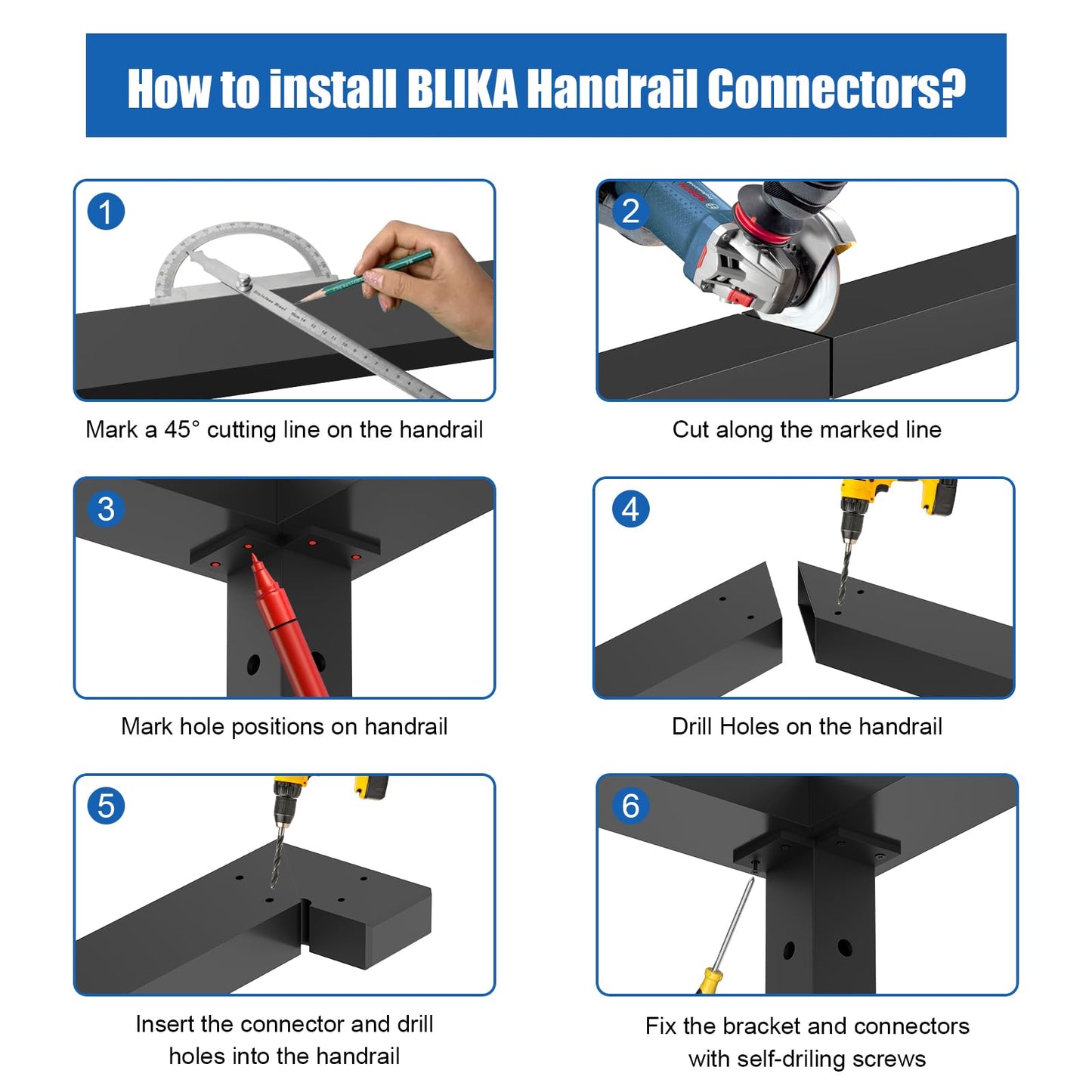 BLIKA Black 90 Flat Handrail Corner Connectors with Screws, POM Material, Polished Finish, for Cable Railing Handrails